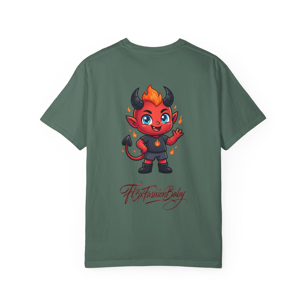 Devil Baby Graphic T-Shirt — Cute Red Demon Cartoon Tee with "FBfashionBaby" Script