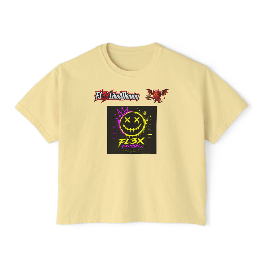 Women's Boxy Tee - Neon Smiley "FL3X" Graphic Streetwear