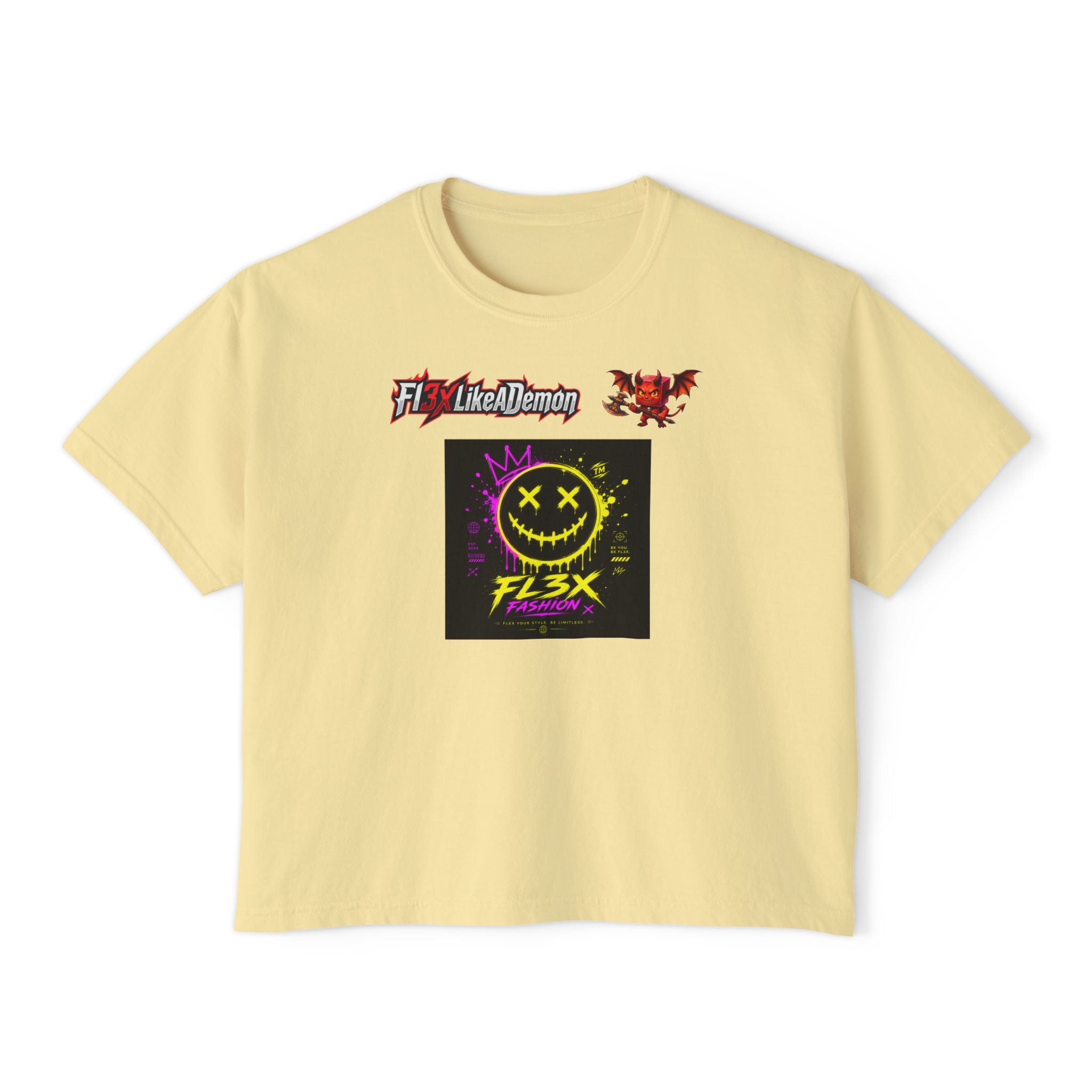 Women's Boxy Tee - Neon Smiley "FL3X" Graphic Streetwear