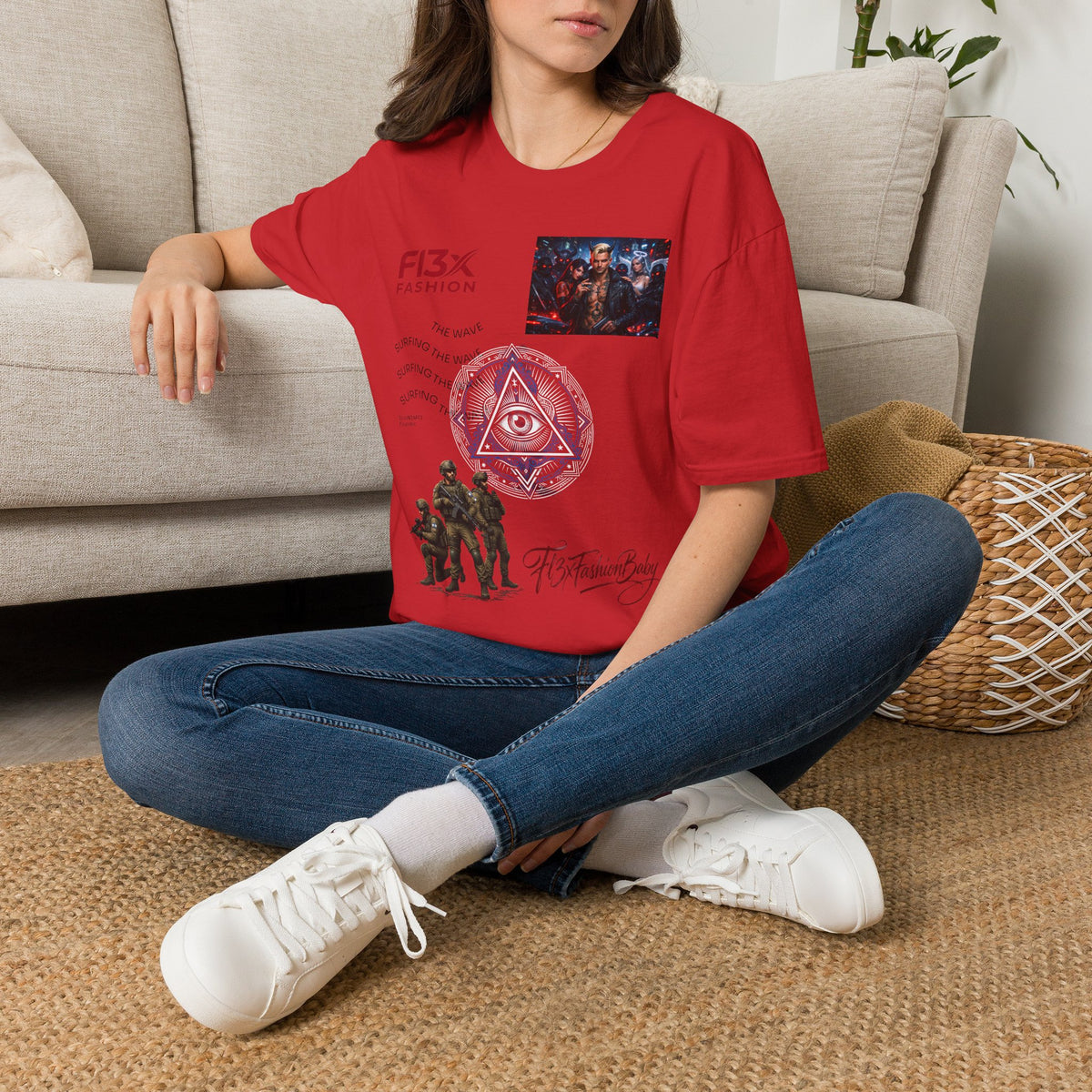 Graphic T-Shirt — F13X Fashion Collage Tee (Surfing Wave & Retro Crew)