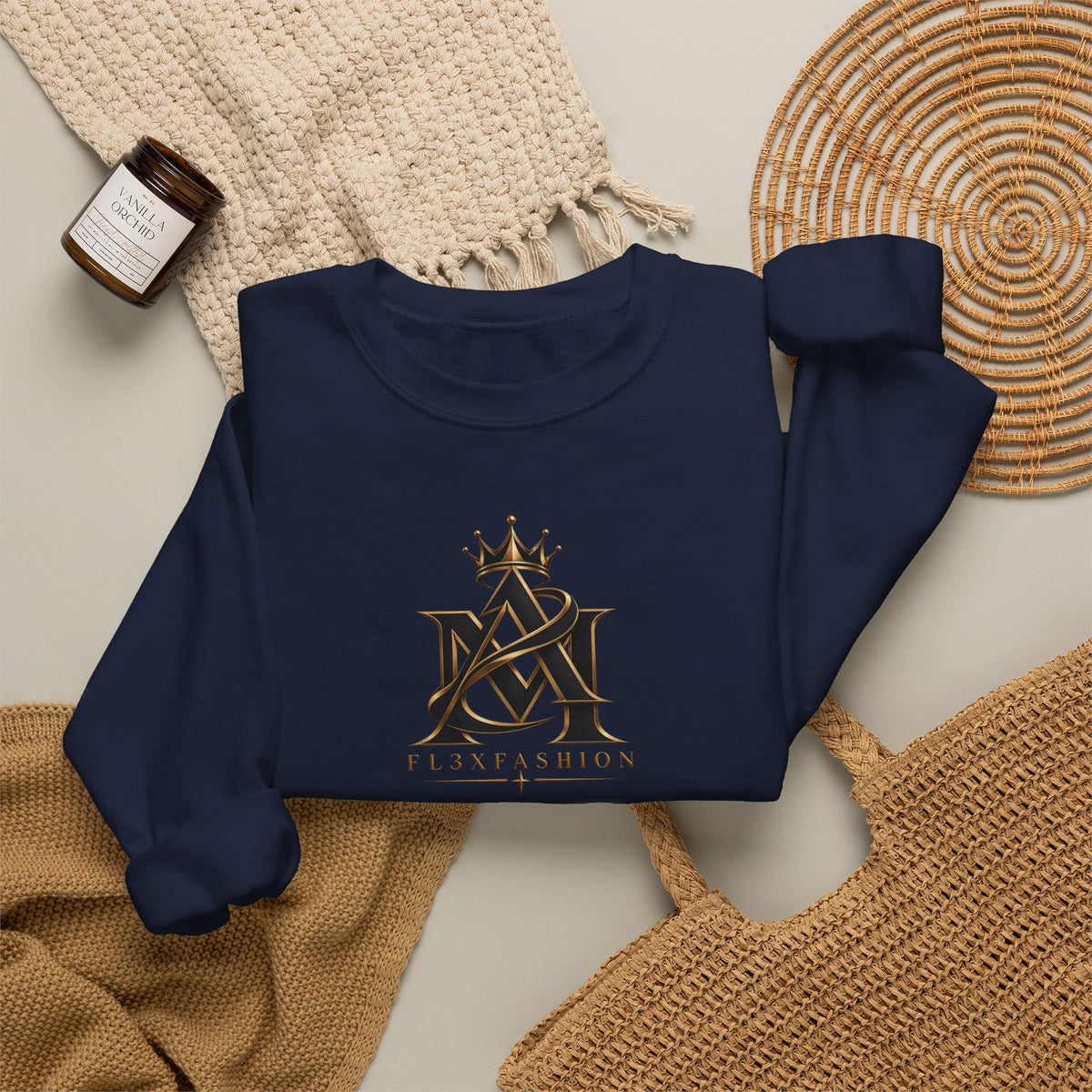 Asian-Inspired Logo Crewneck Sweatshirt — Monogram, Kanji & Lucky Charm Design