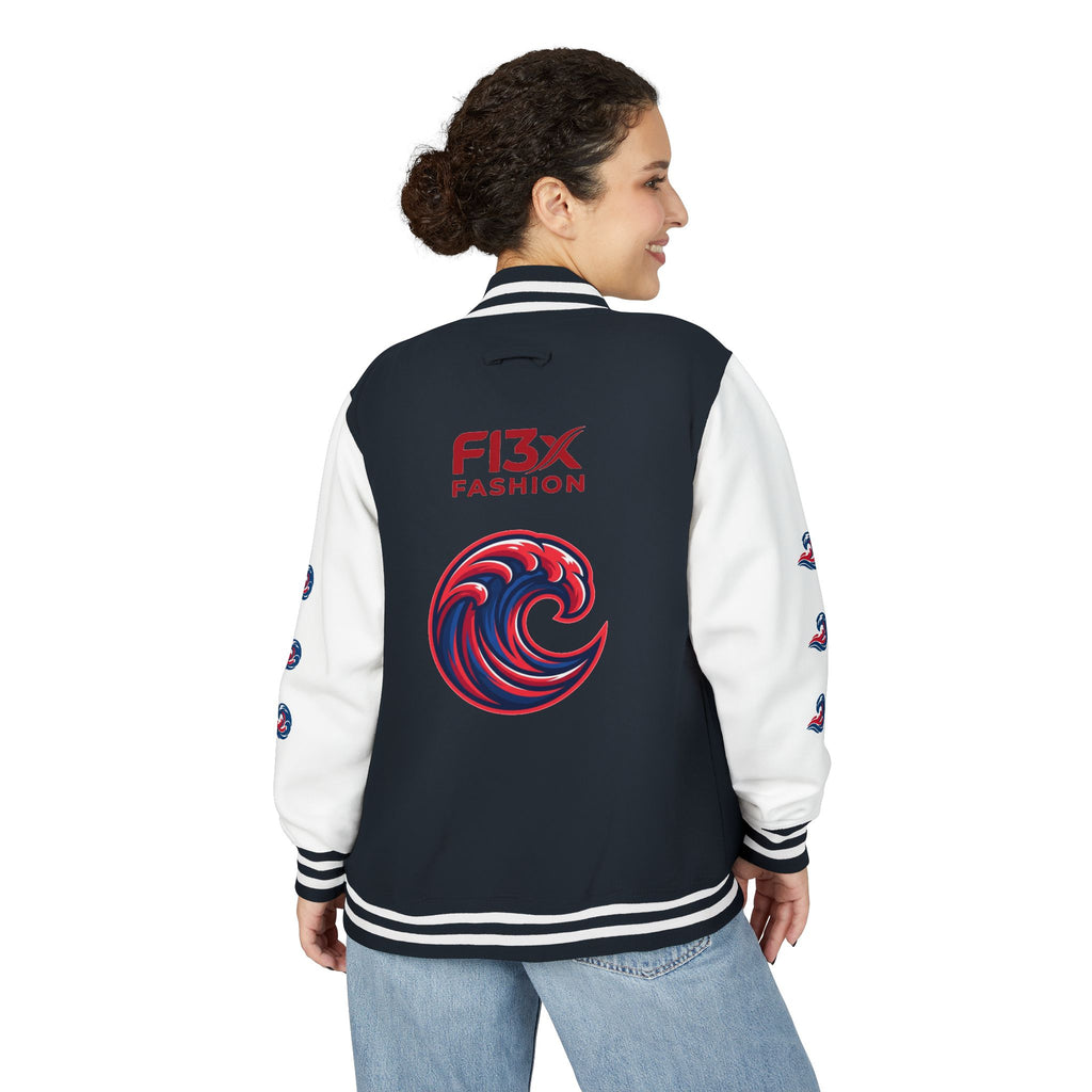 Letterman Jacket — Red Wave Graphic Varsity Jacket with 'F13X Fashion' Logo