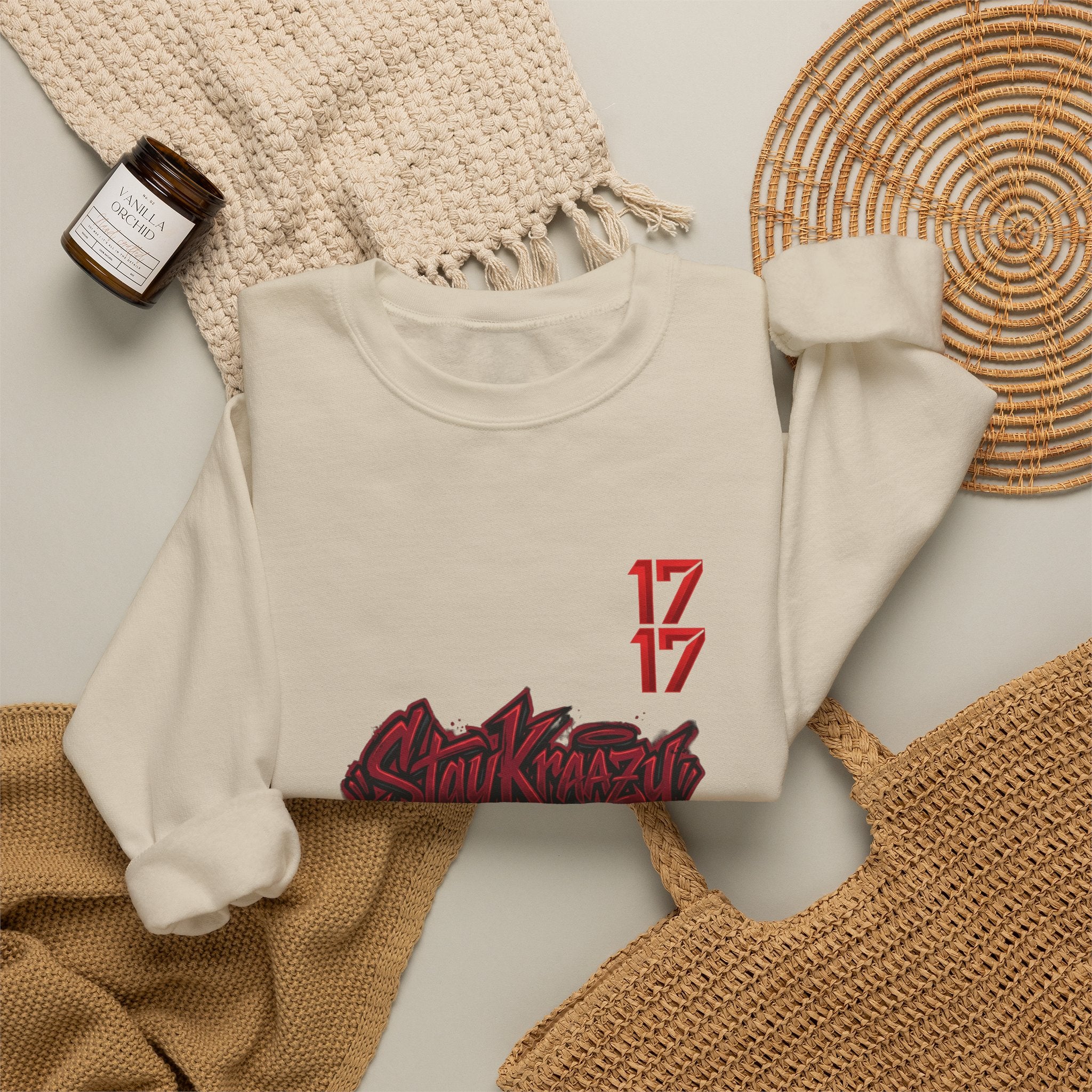 Streetwear Crewneck Sweatshirt — Graffiti 'Stay Krazy' Design with 17/17 Sleeve Accents