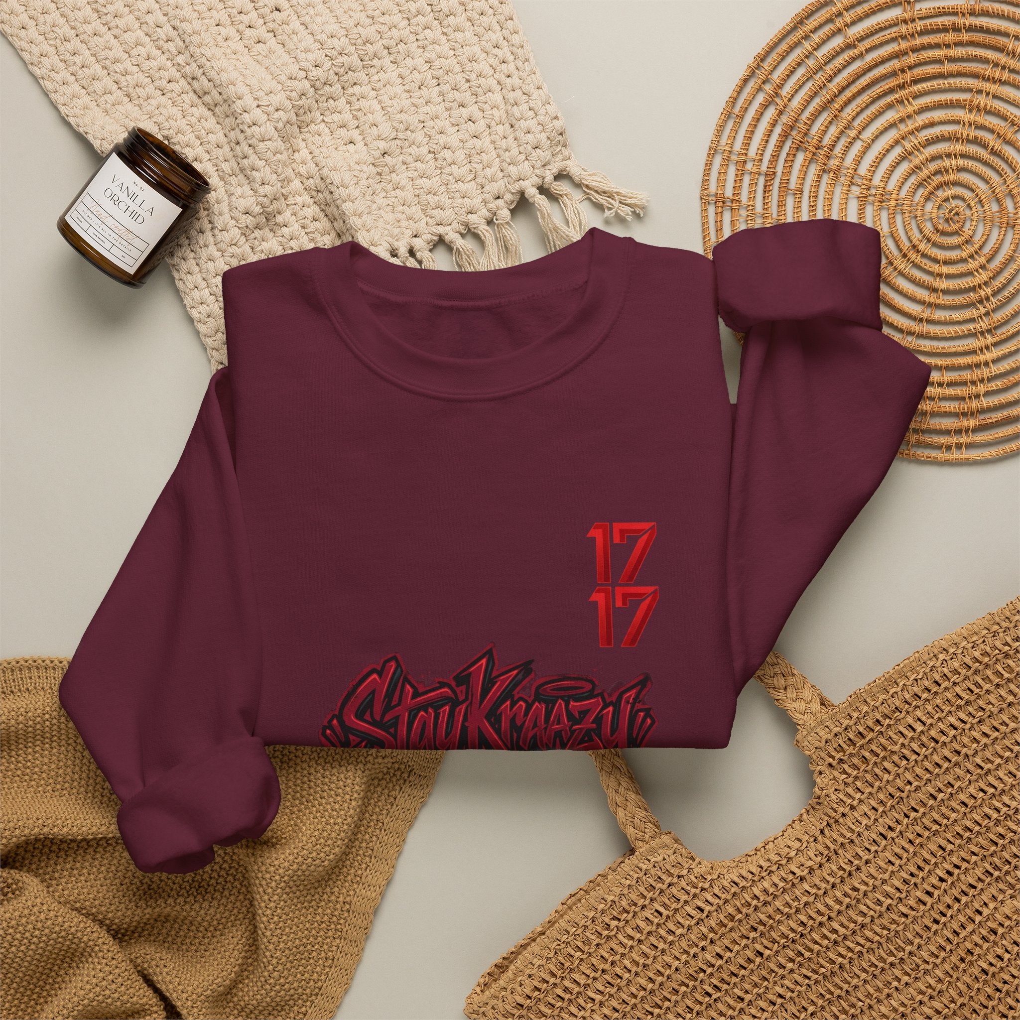 Streetwear Crewneck Sweatshirt — Graffiti 'Stay Krazy' Design with 17/17 Sleeve Accents