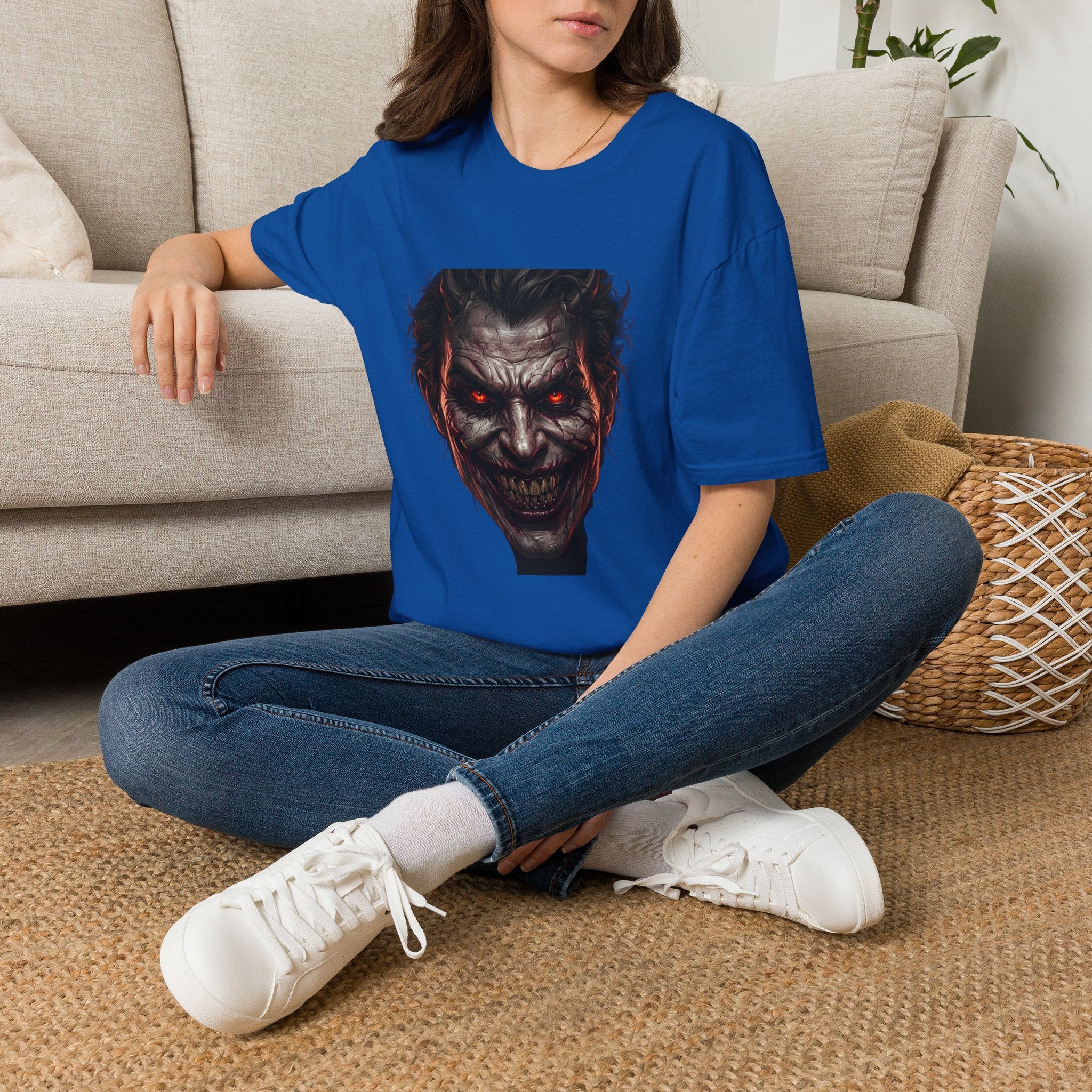 Horror Joker Face T-Shirt — Red-Eyed Villain Graphic Tee