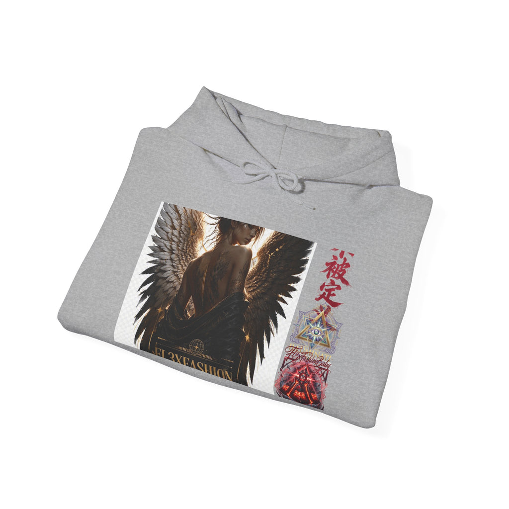Angel Wings Graphic Hoodie — Dark Fantasy Japanese Script Design