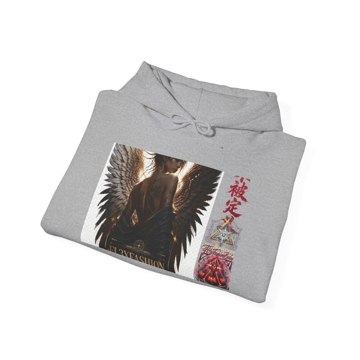 Angel Wings Graphic Hoodie — Dark Fantasy Japanese Script Design