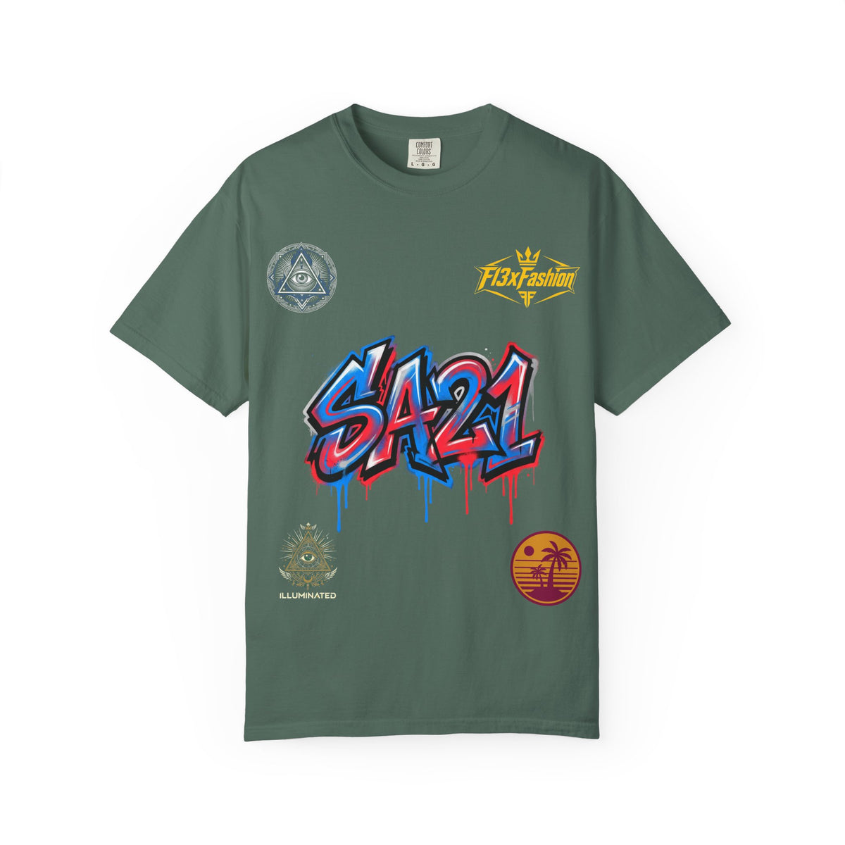 SA21 Graffiti T-Shirt — Urban Streetwear Tee with Drip Art & Tropical Patch