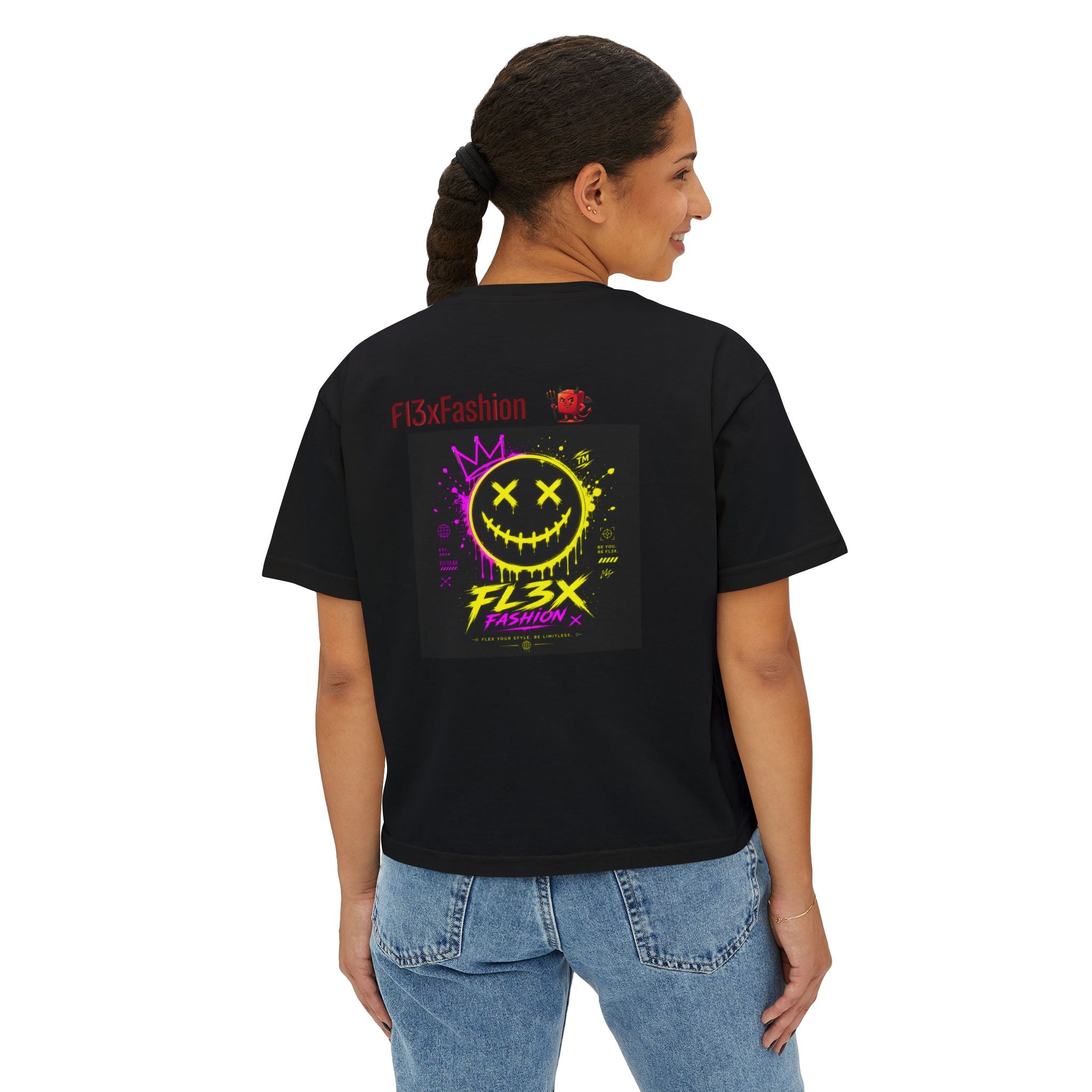 Women's Boxy Tee - Neon Smiley "FL3X" Graphic Streetwear