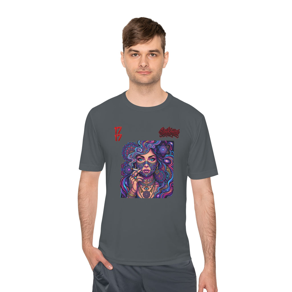 Psychedelic Woman Graphic Tee — Retro Cosmic Portrait Moisture‑Wicking Shirt
