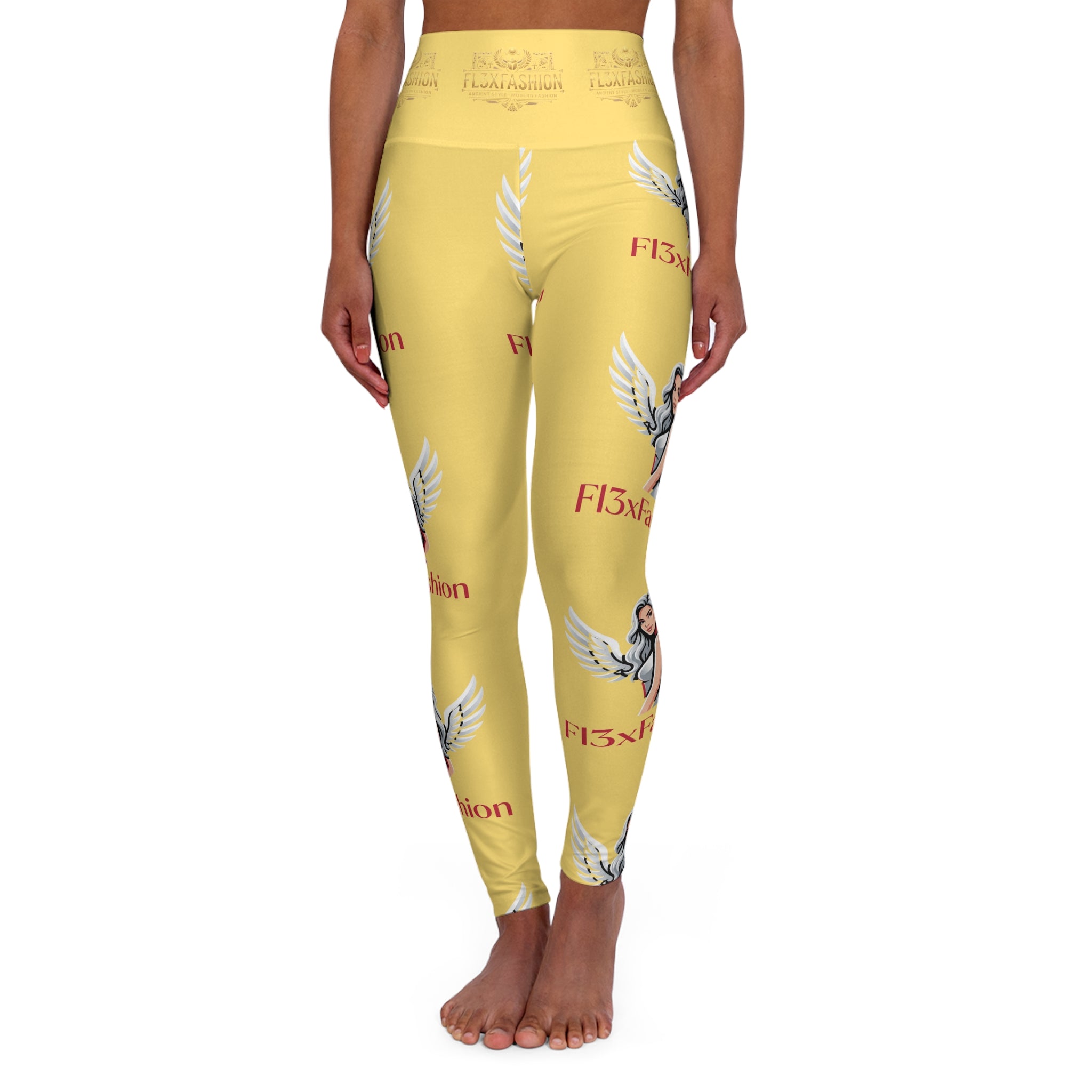 High-Waist Yoga Leggings — Yellow Angel Wing Floral AOP with 'F13xion' Text