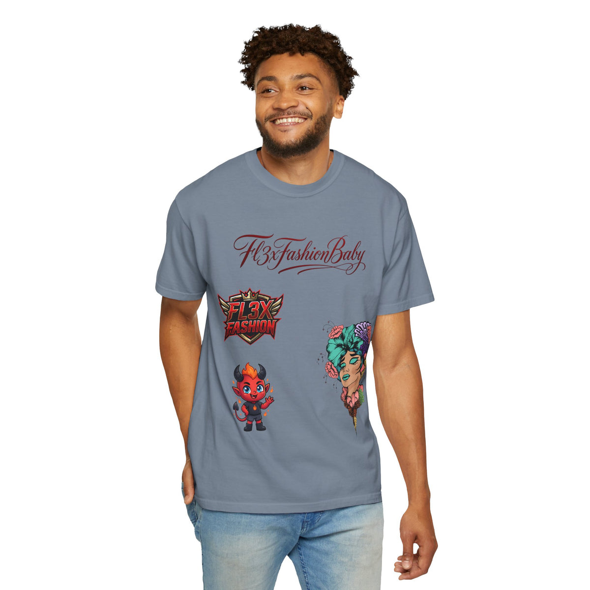 Artistic Floral Portrait T-Shirt — 'Fl3xFashionBaby' Graphic Tee