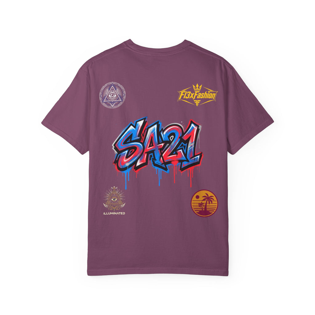 SA21 Graffiti T-Shirt — Urban Streetwear Tee with Drip Art & Tropical Patch