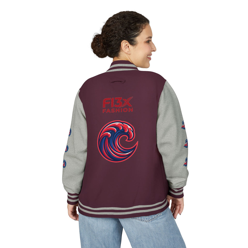 Letterman Jacket — Red Wave Graphic Varsity Jacket with 'F13X Fashion' Logo