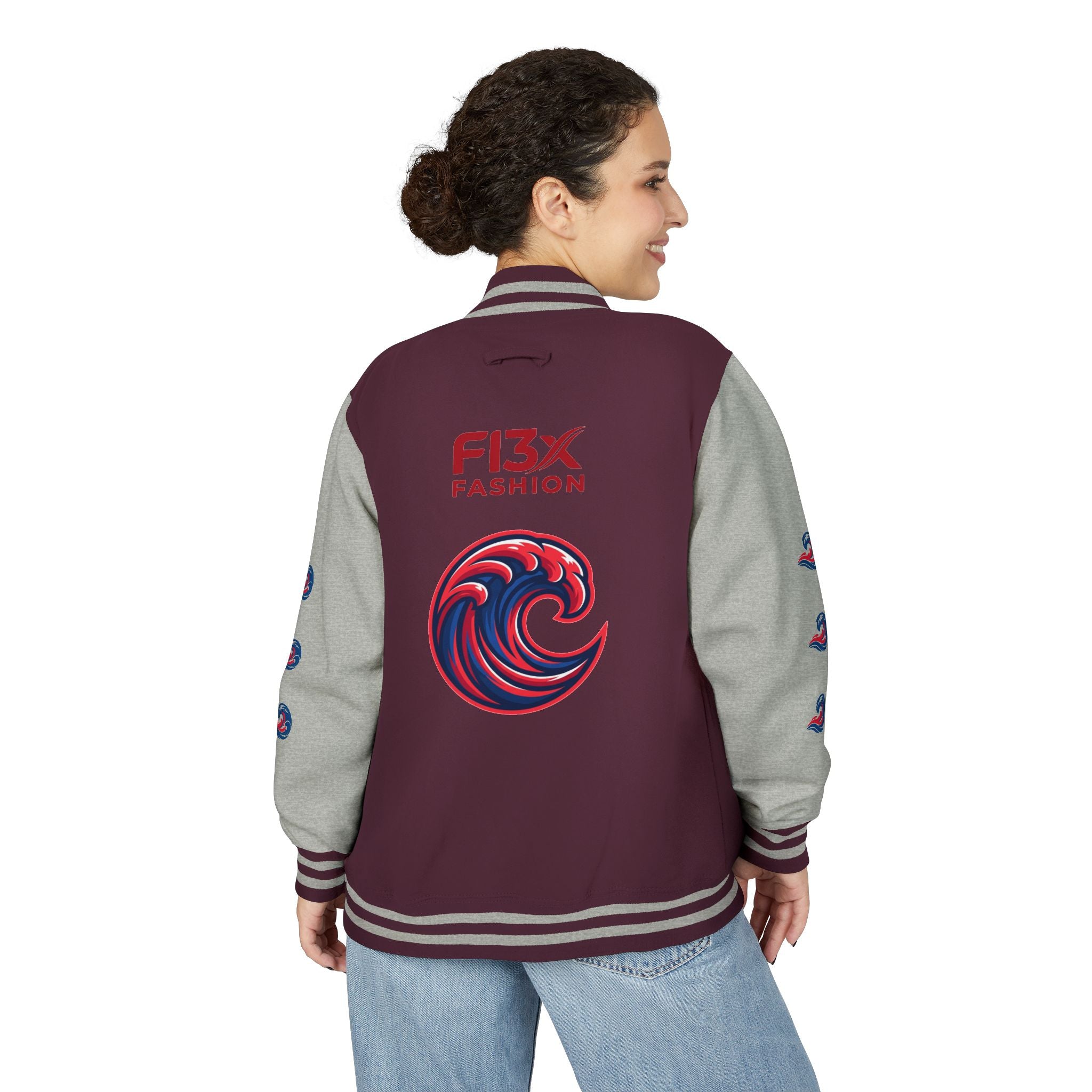 Letterman Jacket — Red Wave Graphic Varsity Jacket with 'F13X Fashion' Logo