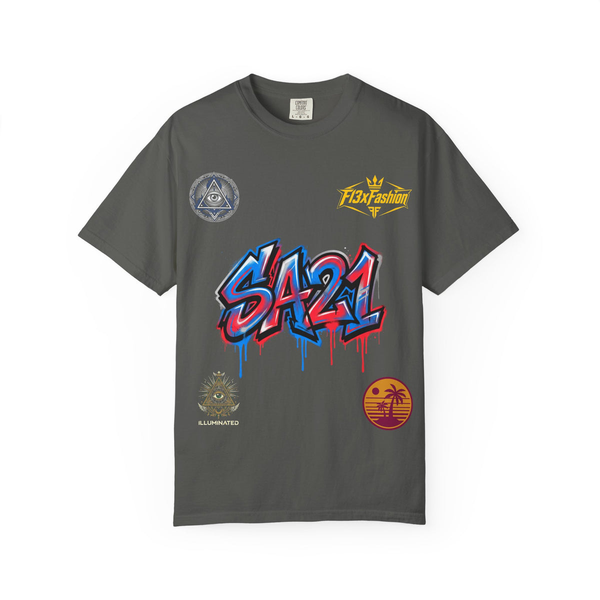 SA21 Graffiti T-Shirt — Urban Streetwear Tee with Drip Art & Tropical Patch