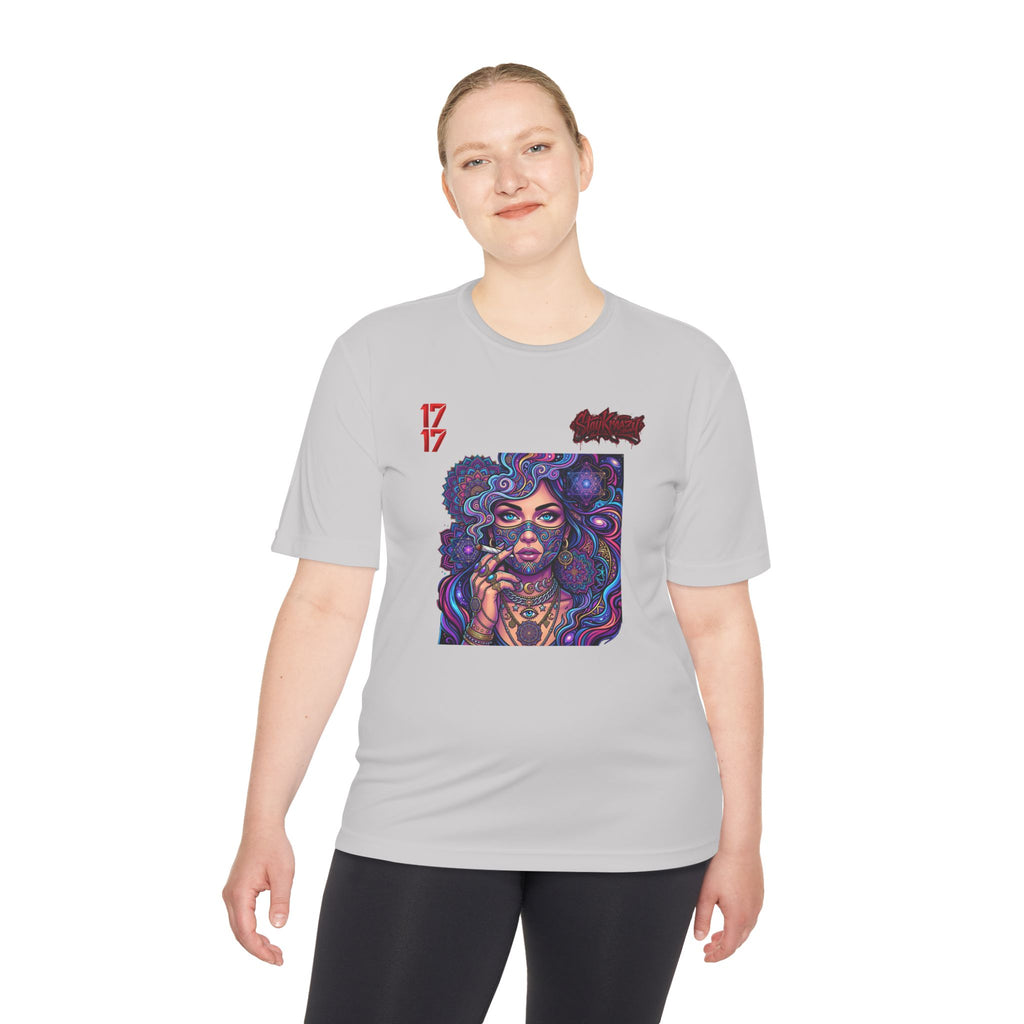 Psychedelic Woman Graphic Tee — Retro Cosmic Portrait Moisture‑Wicking Shirt