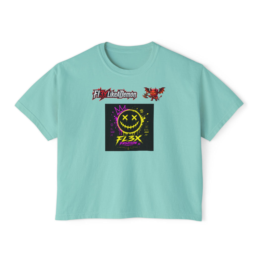 Women's Boxy Tee - Neon Smiley "FL3X" Graphic Streetwear
