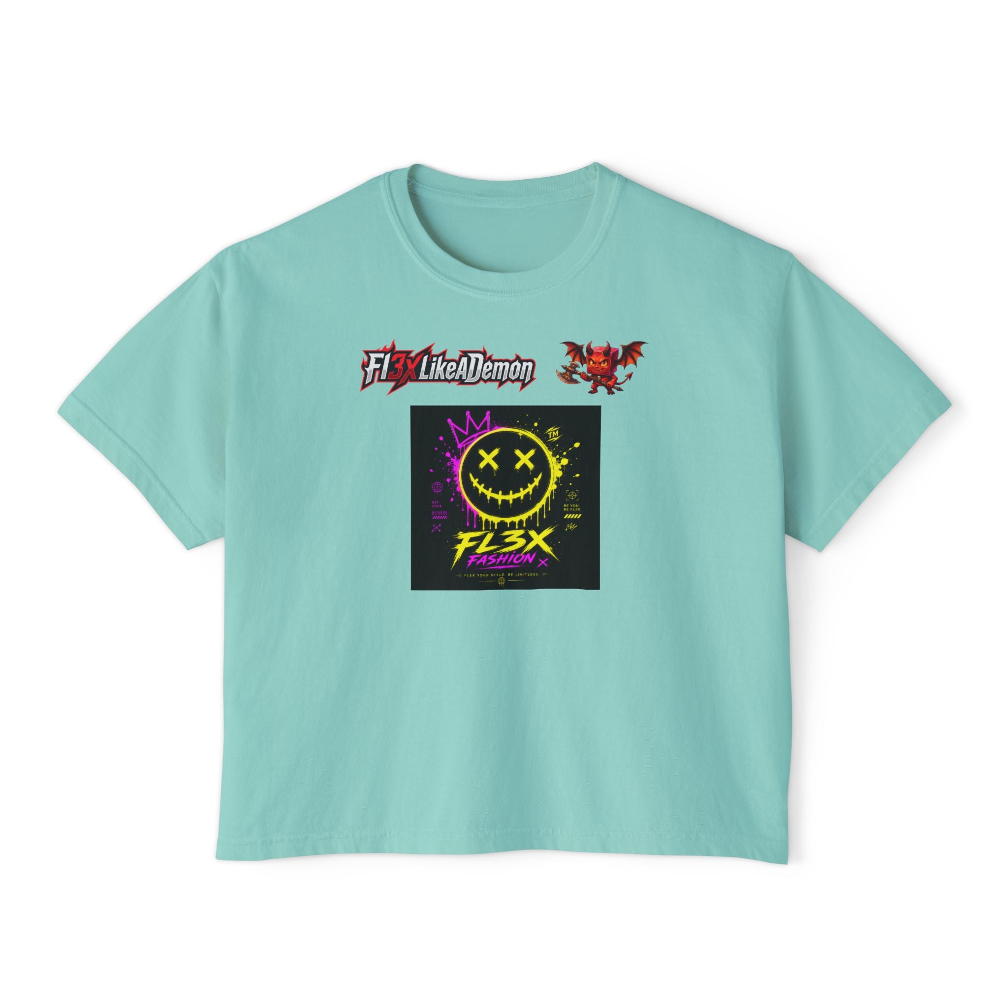 Women's Boxy Tee - Neon Smiley "FL3X" Graphic Streetwear