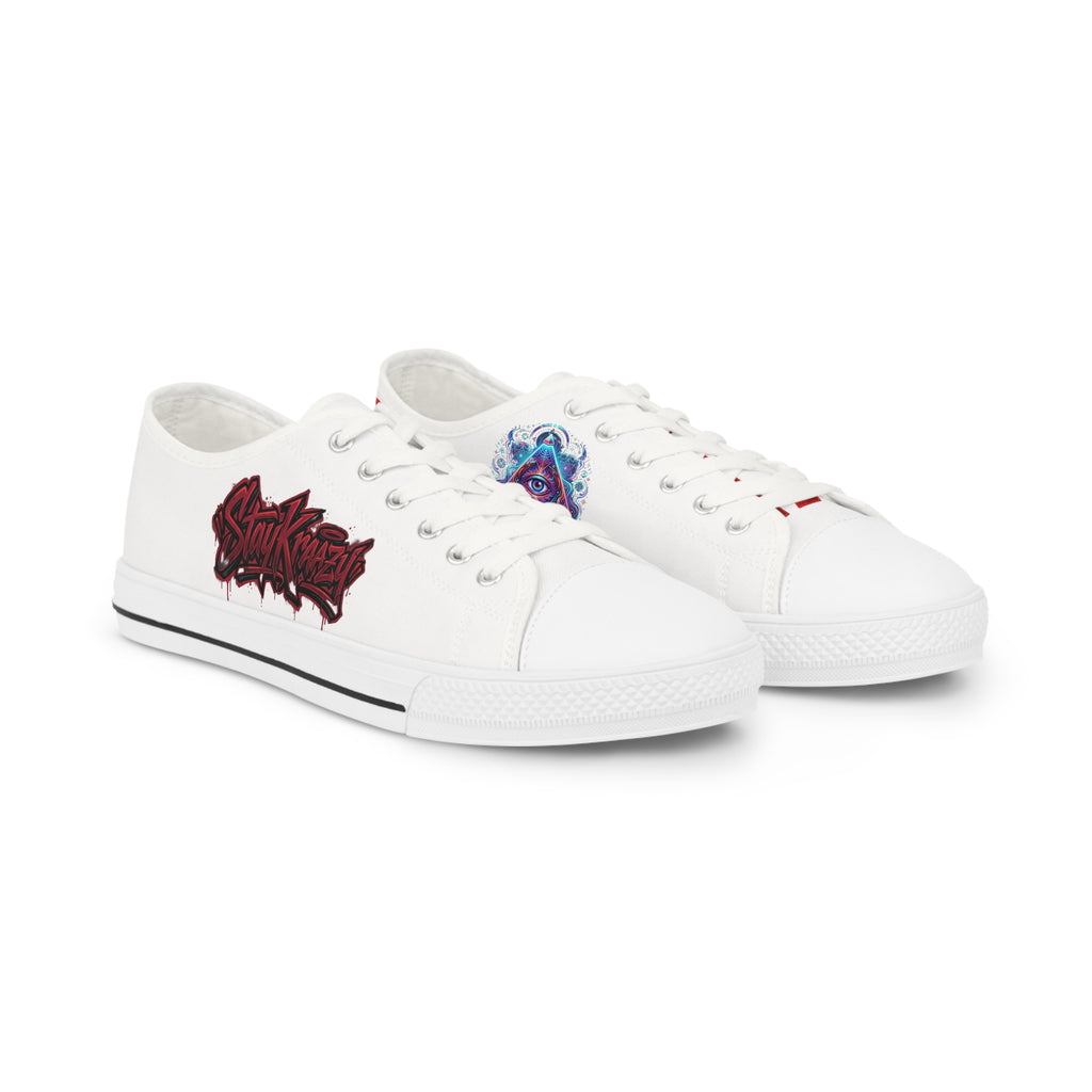Low Top Sneakers — White Graffiti Heart & Colorful Skull Design