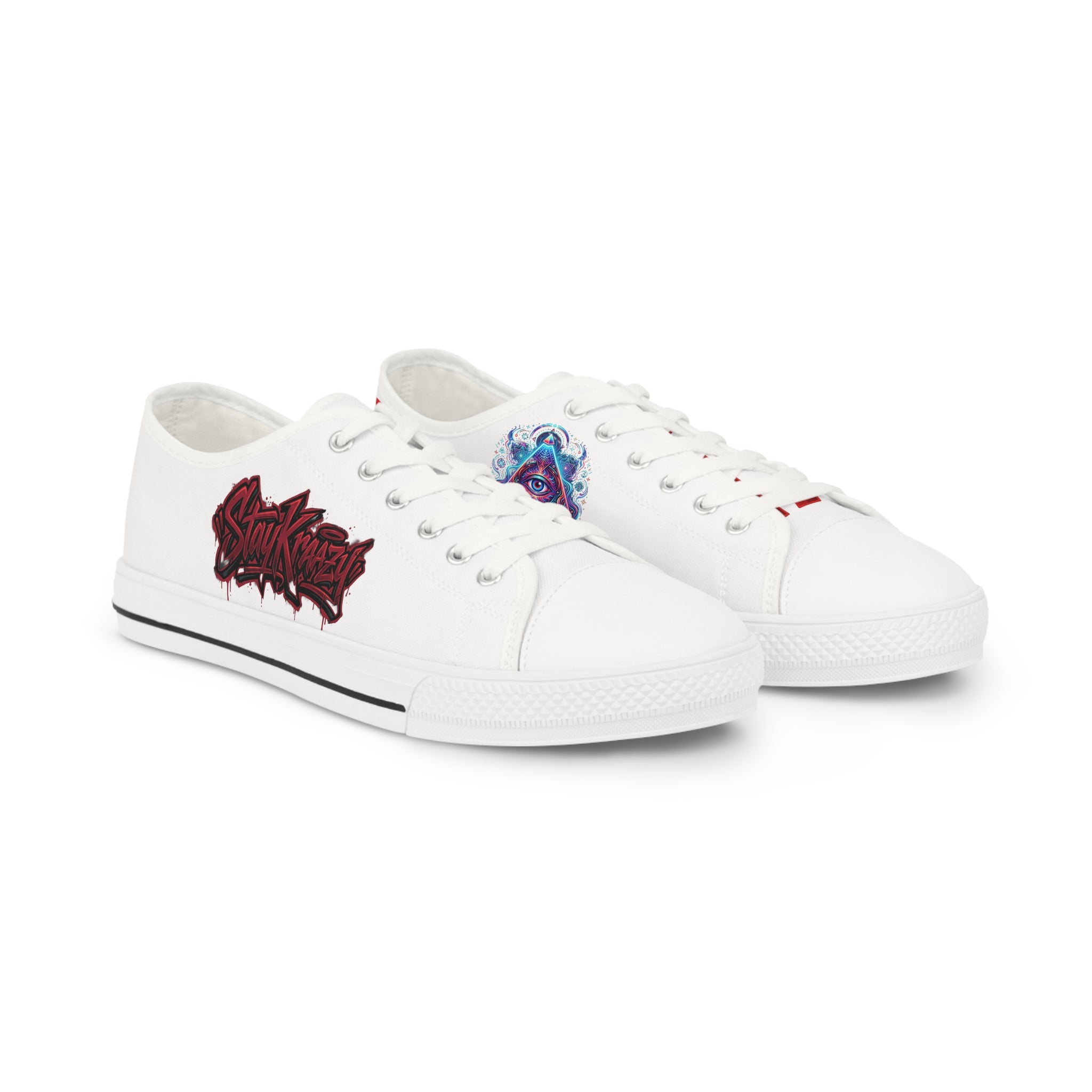 Low Top Sneakers — White Graffiti Heart & Colorful Skull Design