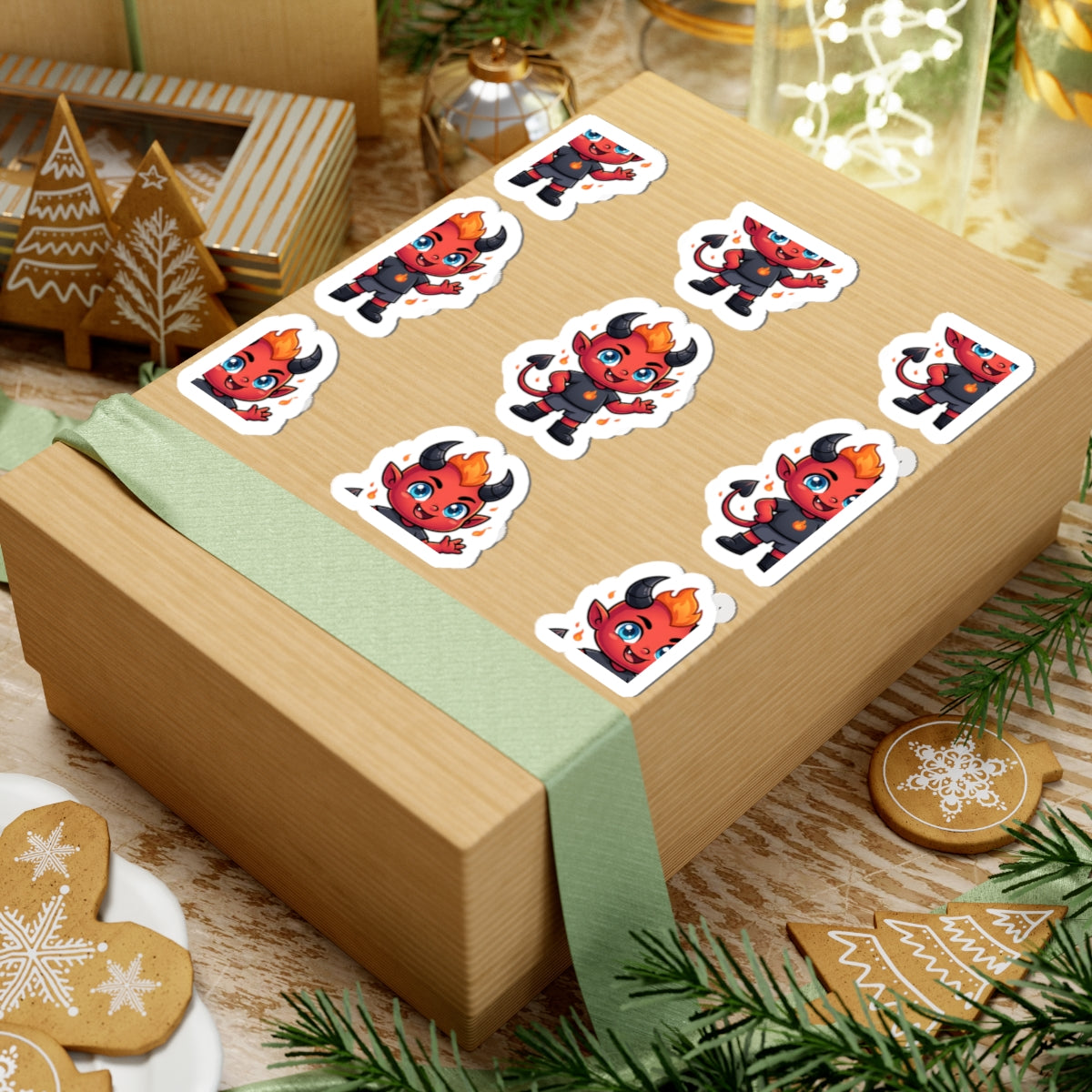 Cute Red Devil Kiss-Cut Stickers — Cartoon Demon Laptop Decals (Halloween)