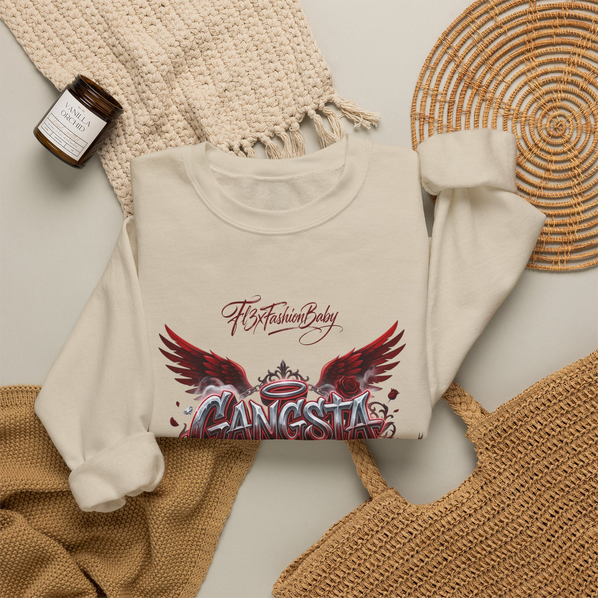 Crewneck Sweatshirt — 'Gangsta 4LsaVii' Gothic Wings Graphic