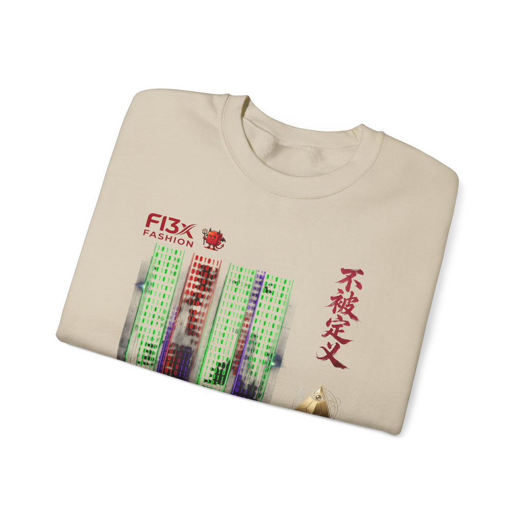 Crewneck Sweatshirt — Cyber Tokyo Graphic with Kanji & Matrix Cityscape