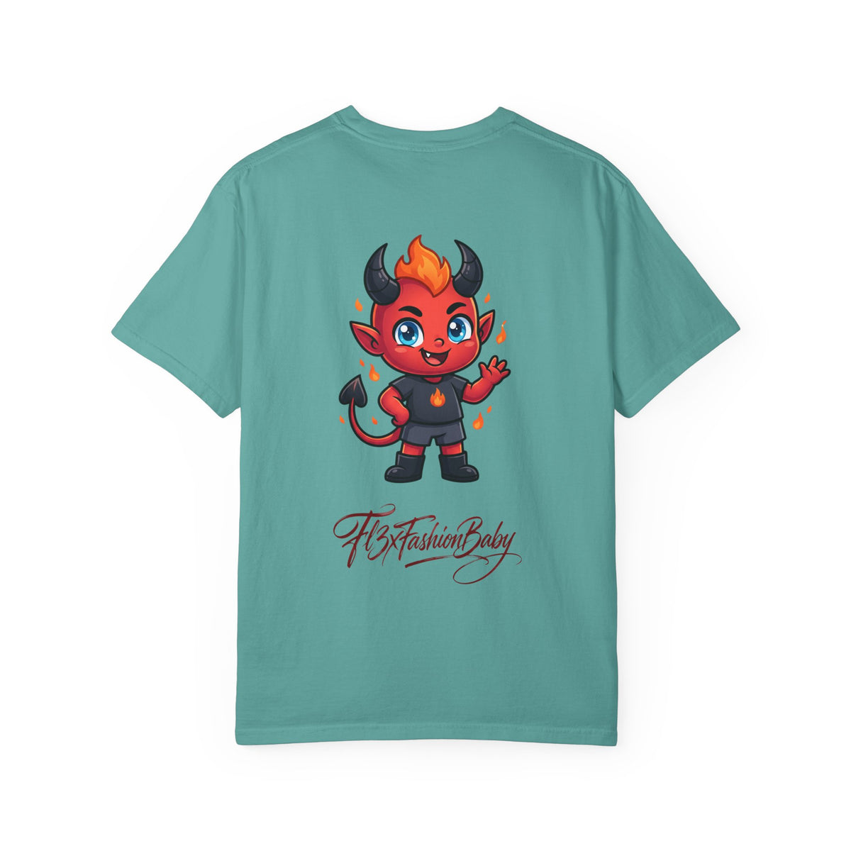 Devil Baby Graphic T-Shirt — Cute Red Demon Cartoon Tee with "FBfashionBaby" Script