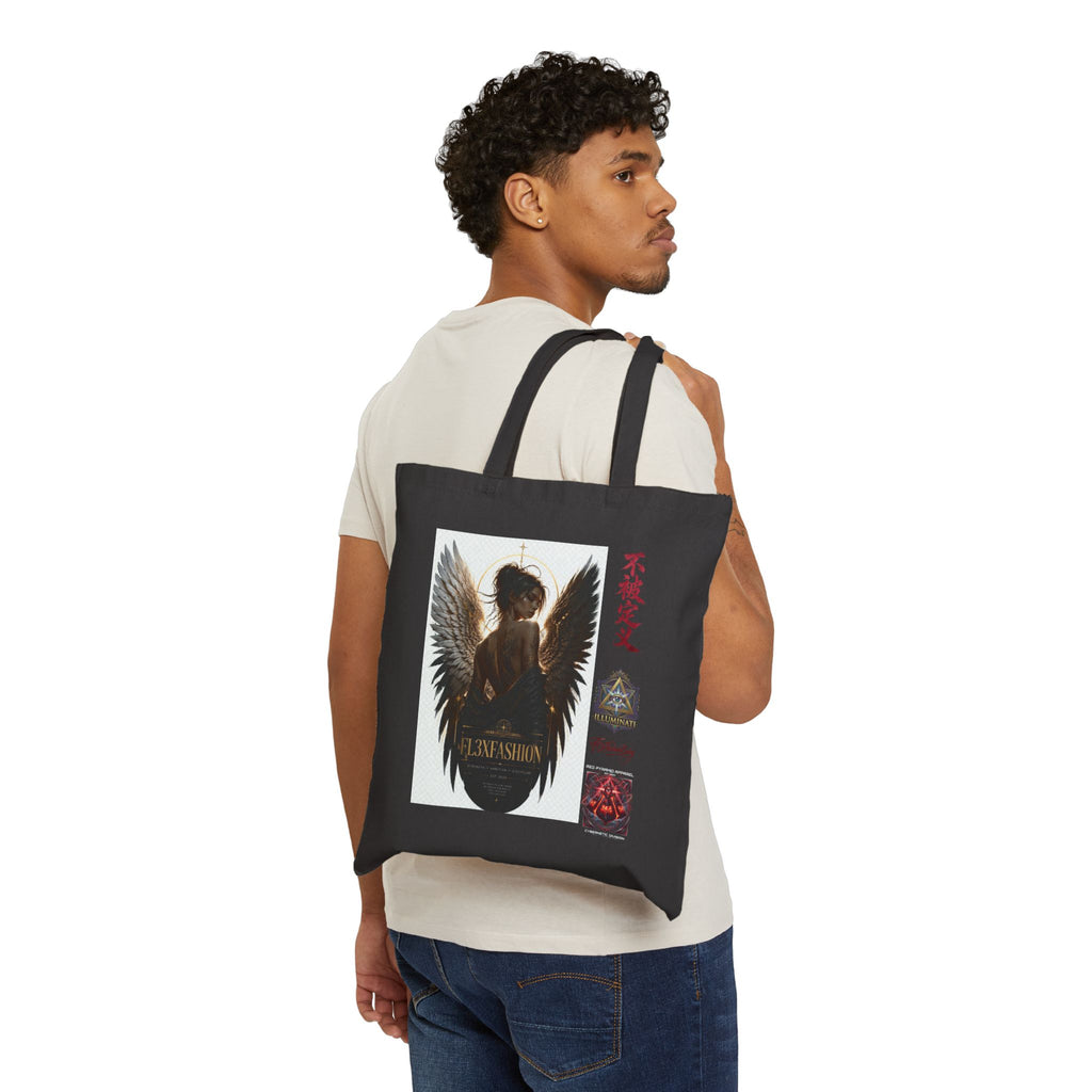 Angel Wings Graphic Tote Bag — Dark Fantasy Cotton Canvas Tote with Gothic Kanji Accents
