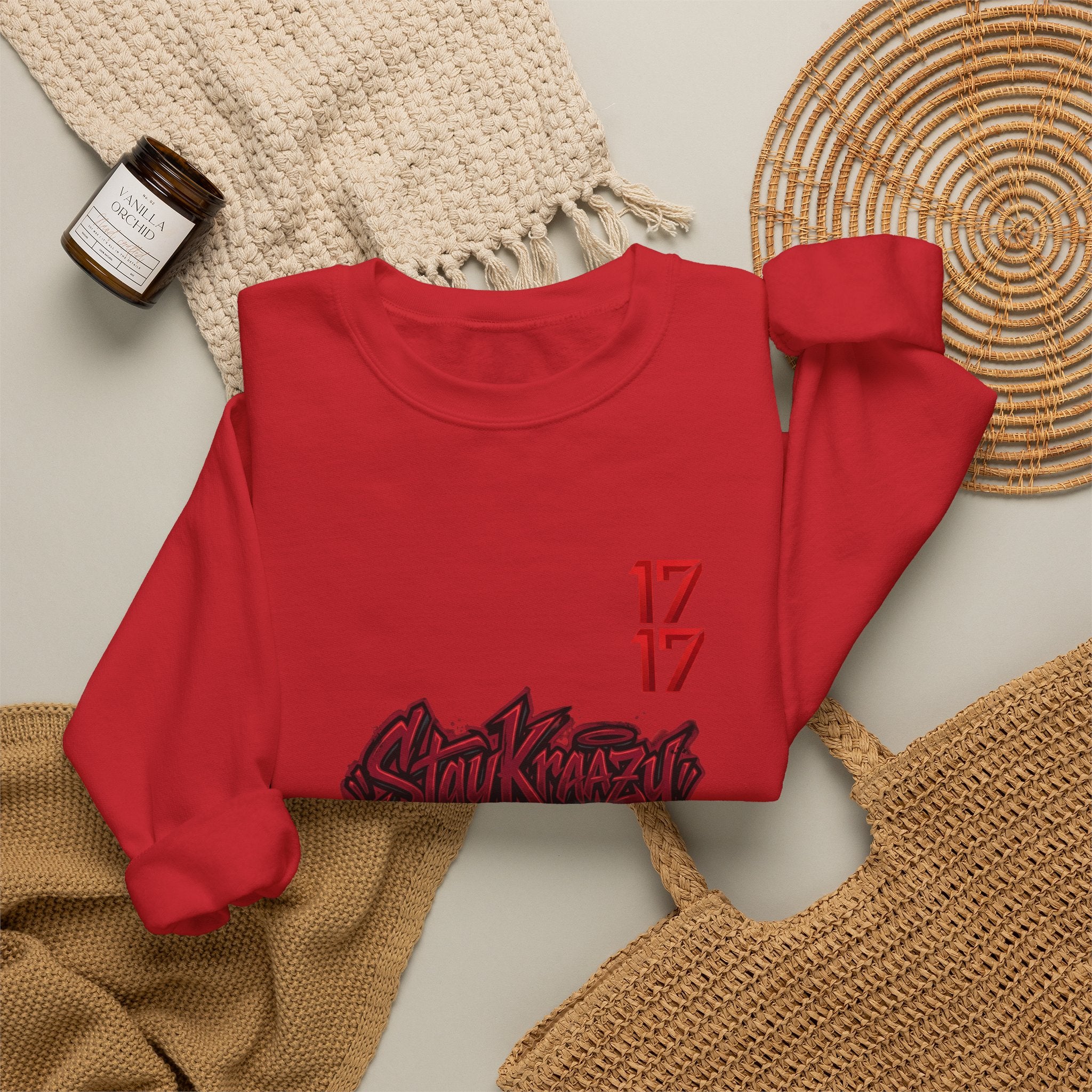 Streetwear Crewneck Sweatshirt — Graffiti 'Stay Krazy' Design with 17/17 Sleeve Accents