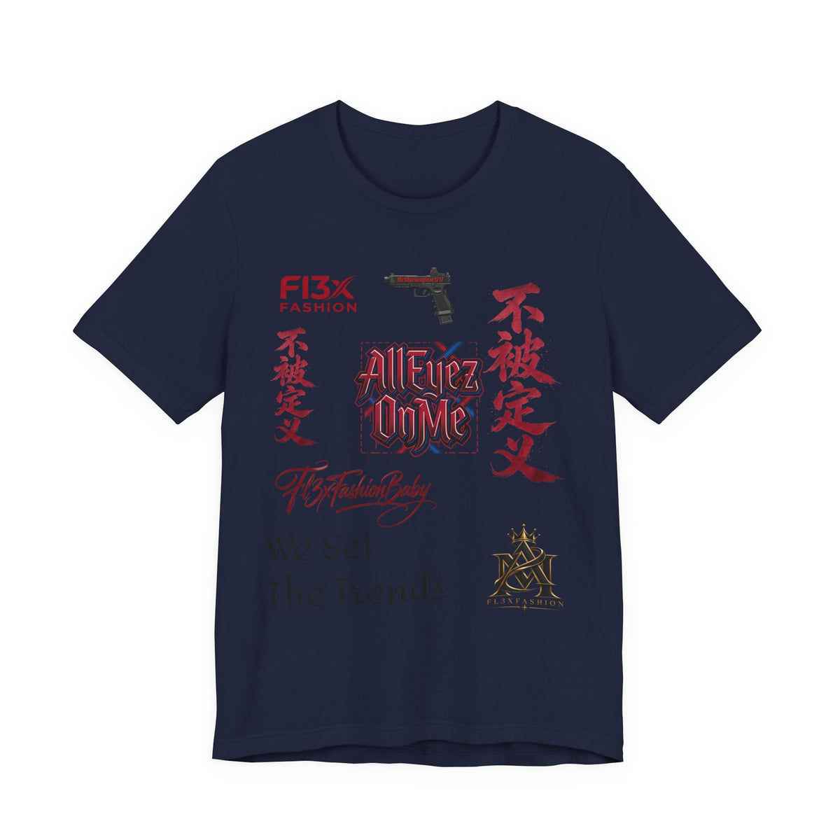 Graphic Tee — 'We Set The Trends' Streetwear T-Shirt with Asian Script & Gun Motifs