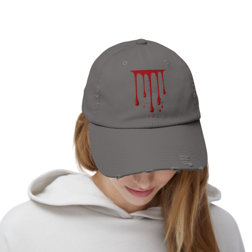 Distressed Black Cap with Red Drip Graphic – Gothic Blood Drip Hat