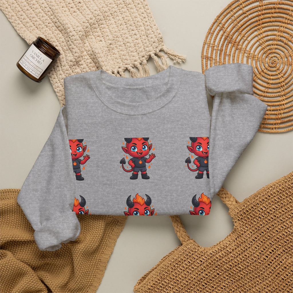 Cute Devil Character Grid Sweatshirt — Cartoon Demon Pattern Crewneck