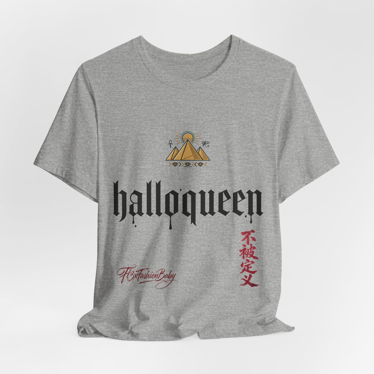 Halloqueen Graphic Tee — Gothic Script Halloween T‑Shirt with Pyramid & Asian Calligraphy