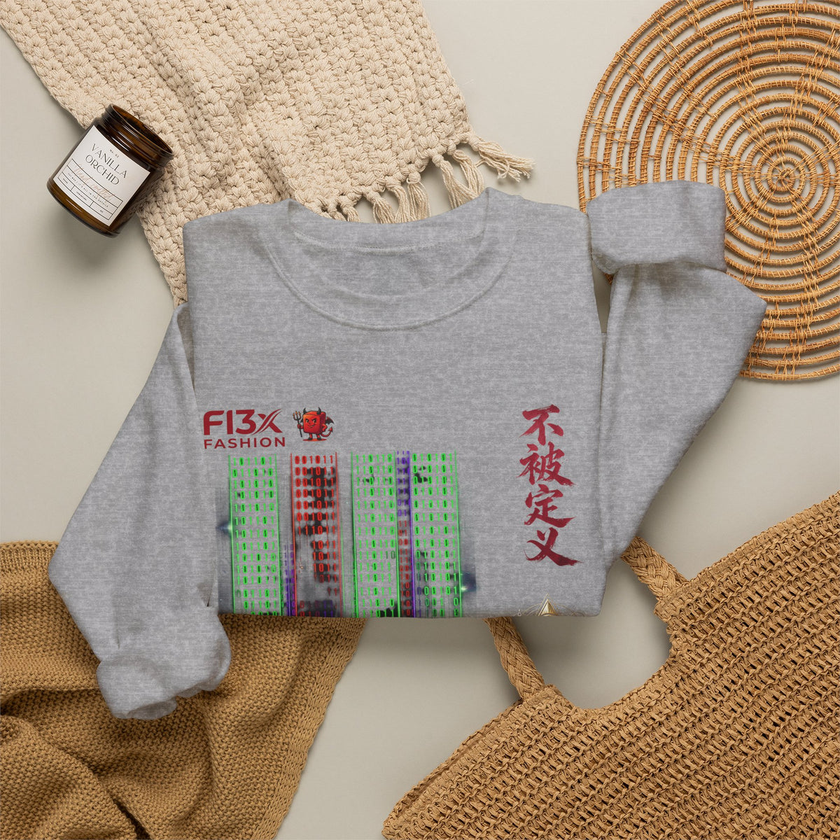 Crewneck Sweatshirt — Cyber Tokyo Graphic with Kanji & Matrix Cityscape