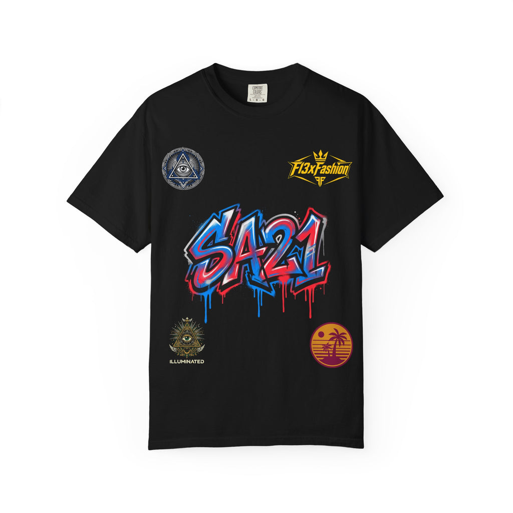 SA21 Graffiti T-Shirt — Urban Streetwear Tee with Drip Art & Tropical Patch