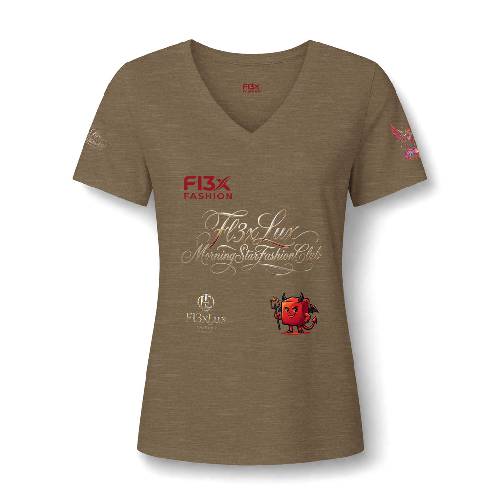 Women's V-Neck Tee — 'F13x Fashion' Floral Logo & Devil Graphic