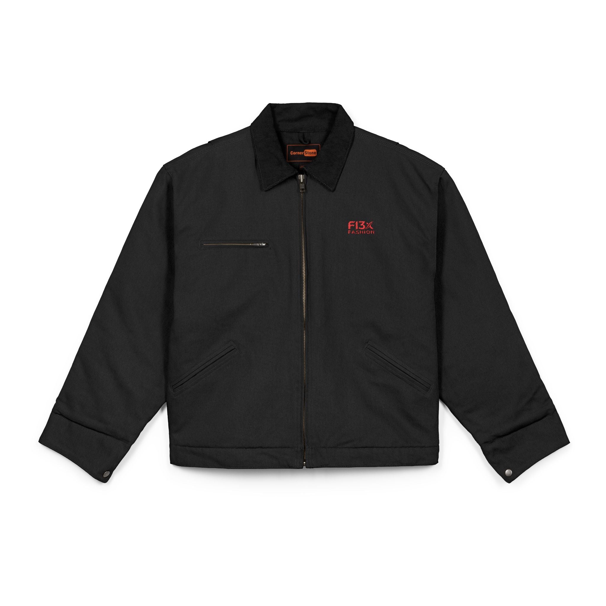 Duck Cloth Work Jacket - Black Durable Carpenter Jacket with Small Red Logo