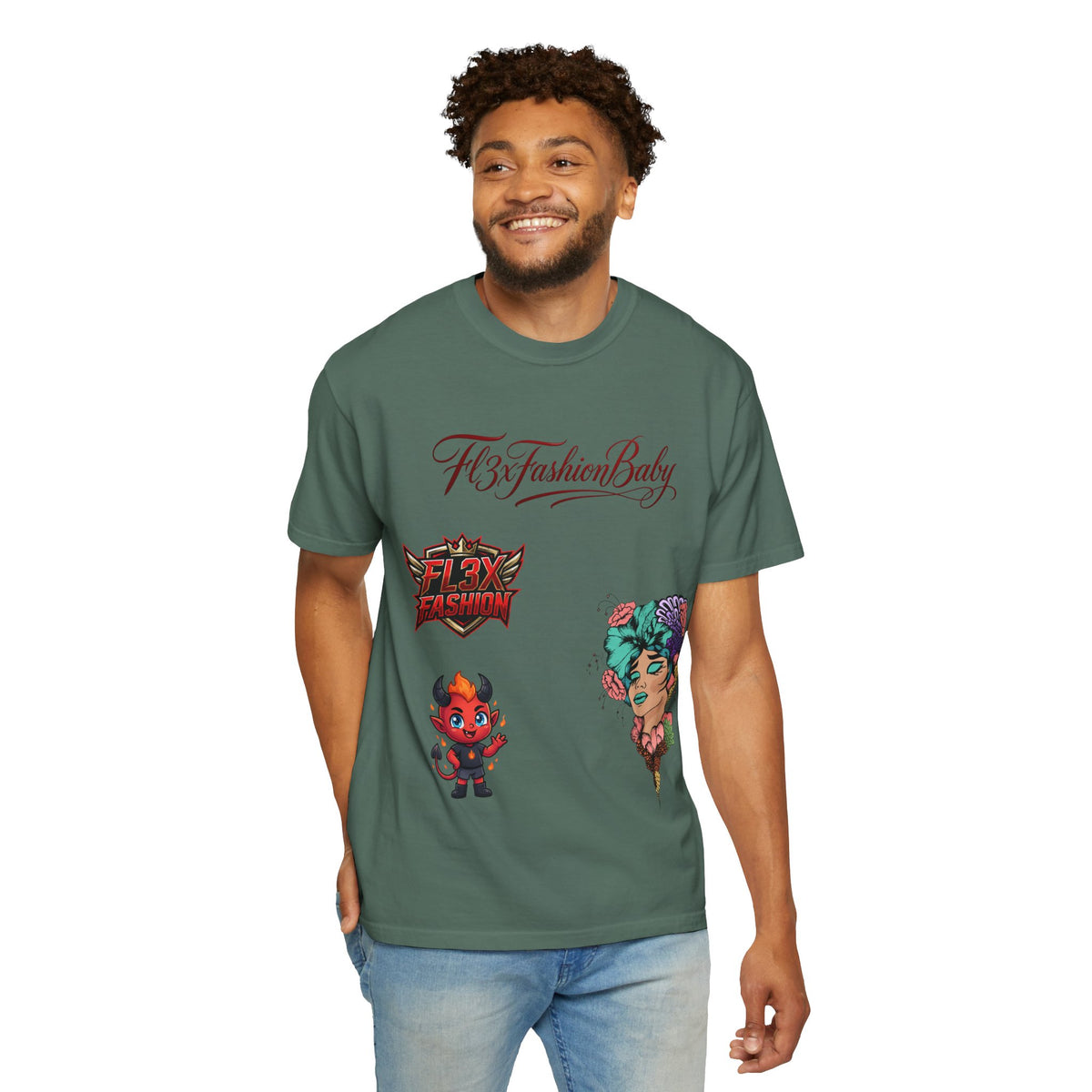 Artistic Floral Portrait T-Shirt — 'Fl3xFashionBaby' Graphic Tee
