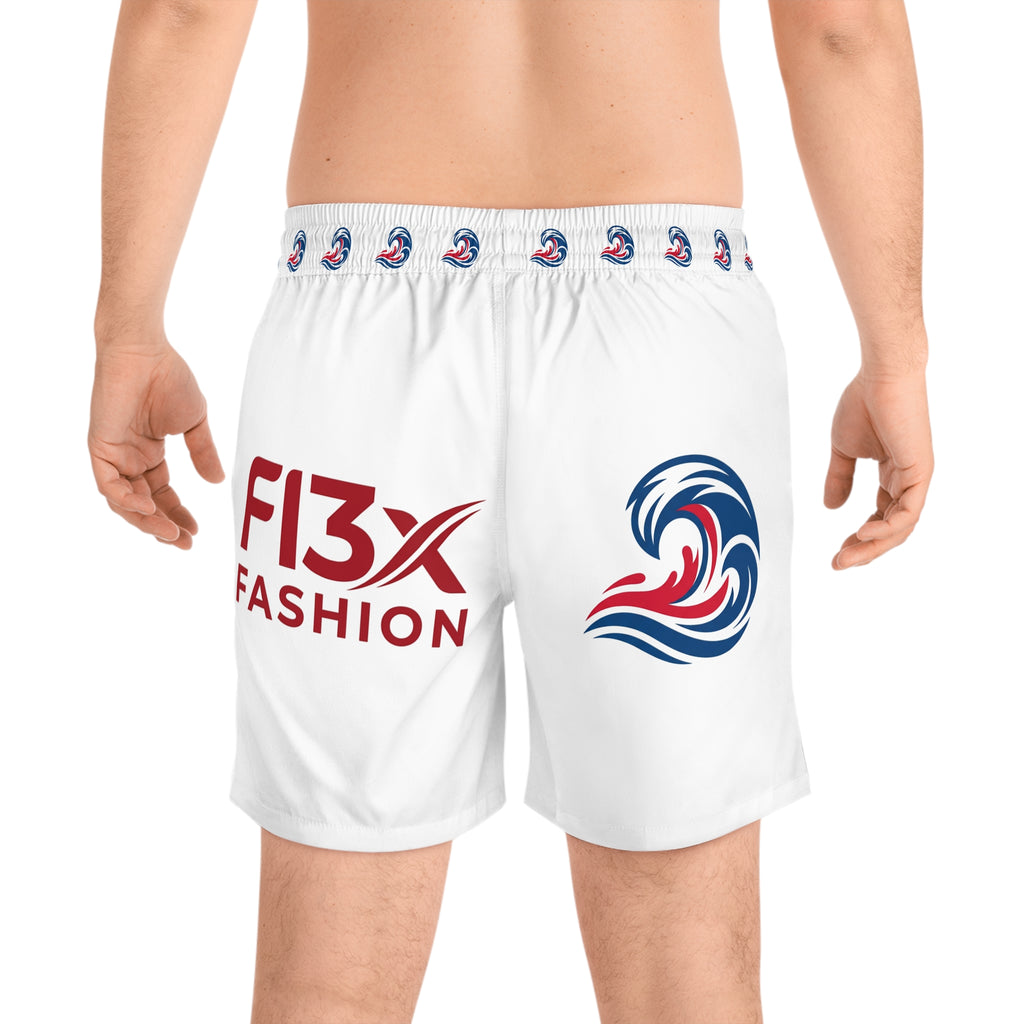 Men's Swim Shorts — Red & Blue Wave Logo Boardshorts with 'F13X Fashion' & 'ImaSoldier'