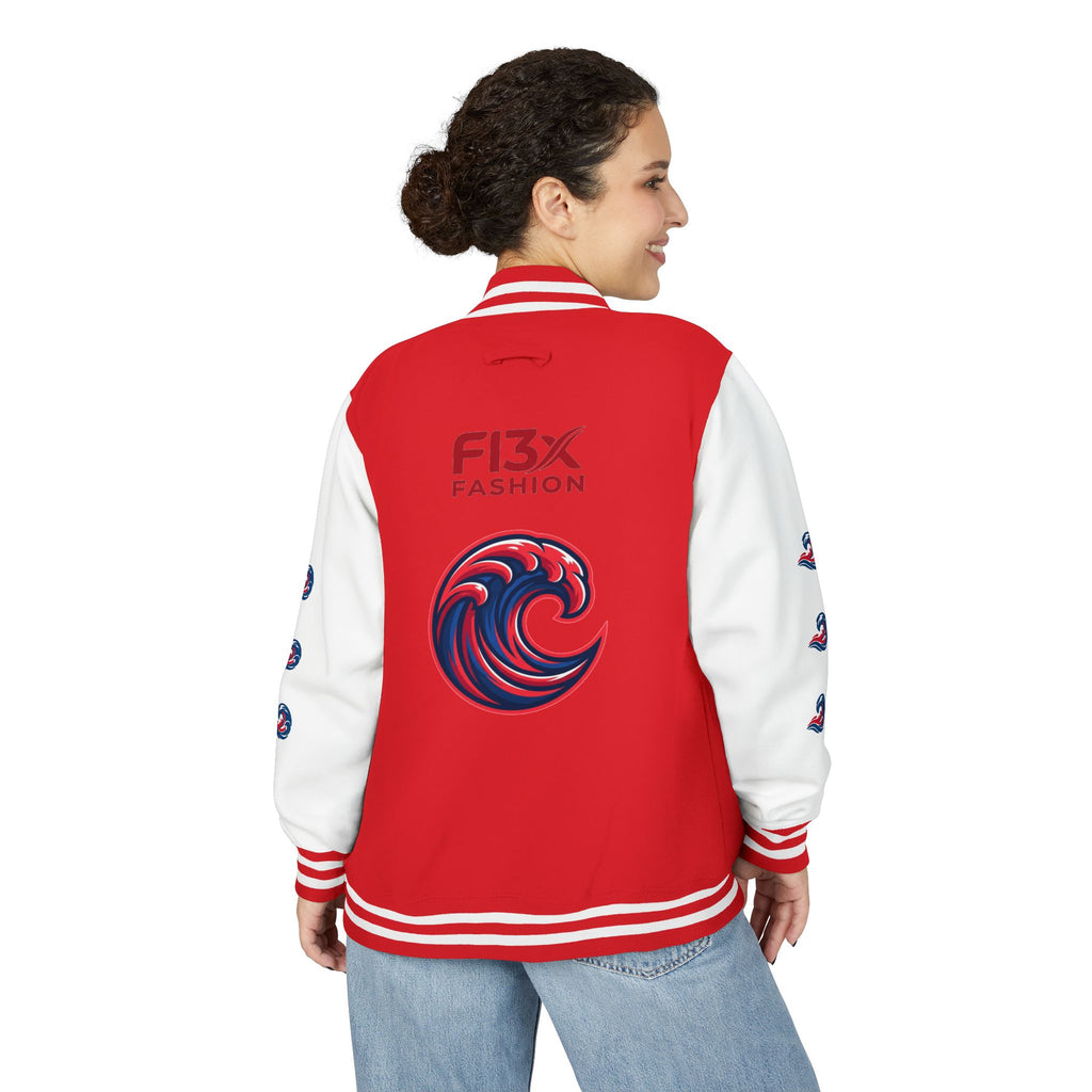 Letterman Jacket — Red Wave Graphic Varsity Jacket with 'F13X Fashion' Logo