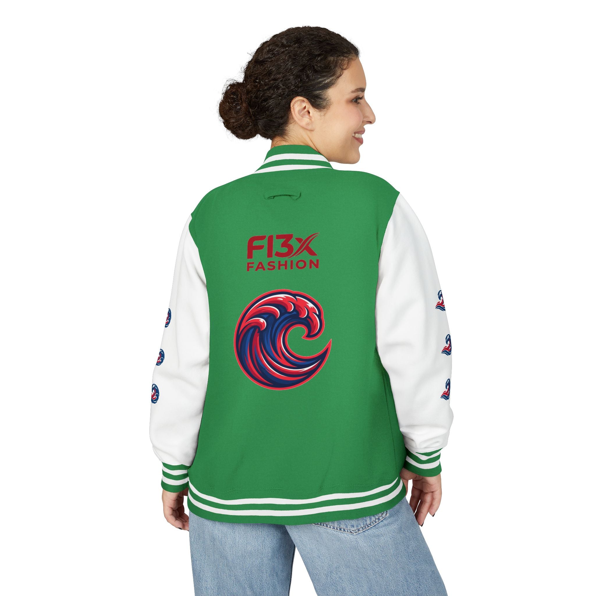 Letterman Jacket — Red Wave Graphic Varsity Jacket with 'F13X Fashion' Logo