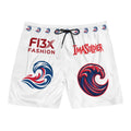 Men's Swim Shorts — Red & Blue Wave Logo Boardshorts with 'F13X Fashion' & 'ImaSoldier'