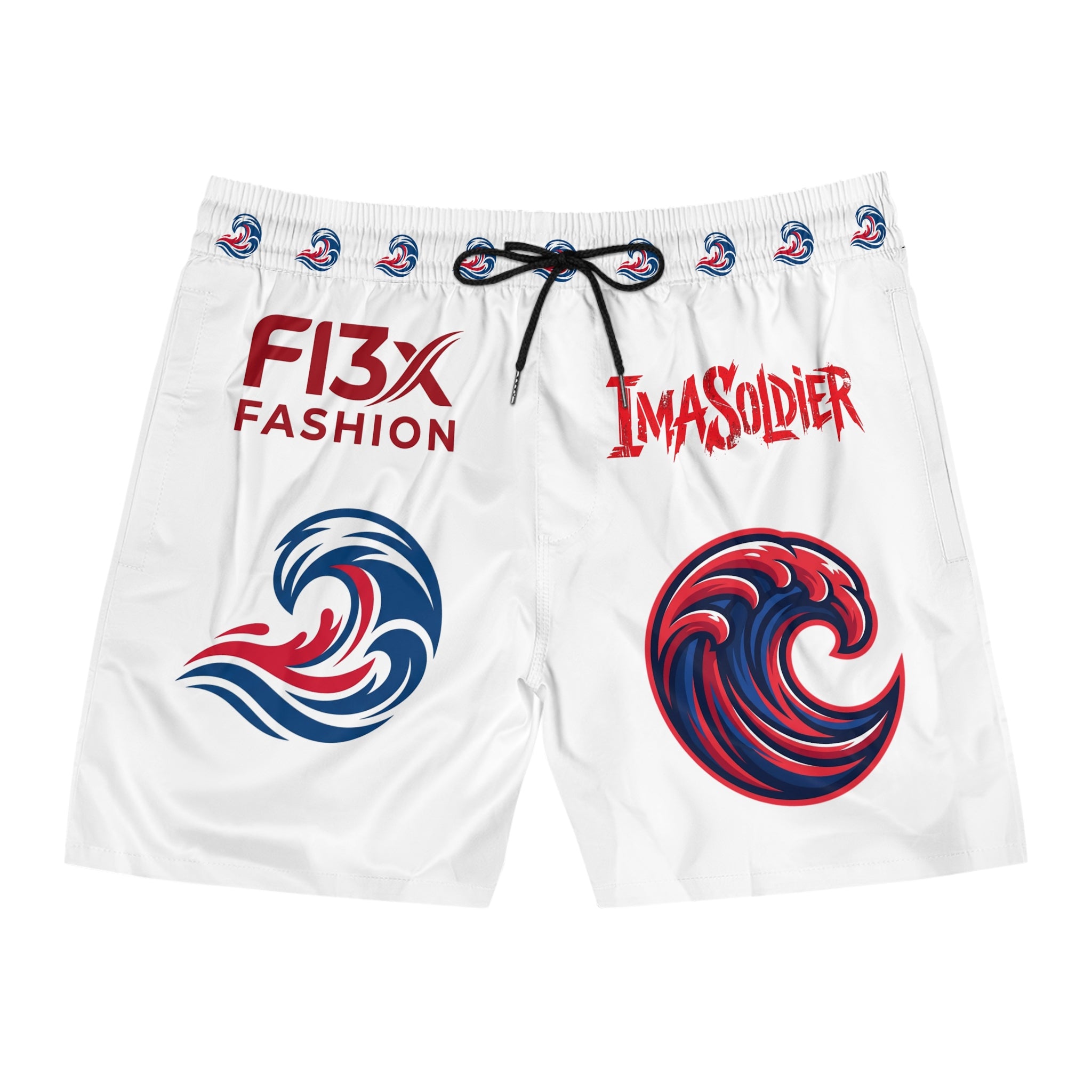 Men's Swim Shorts — Red & Blue Wave Logo Boardshorts with 'F13X Fashion' & 'ImaSoldier'