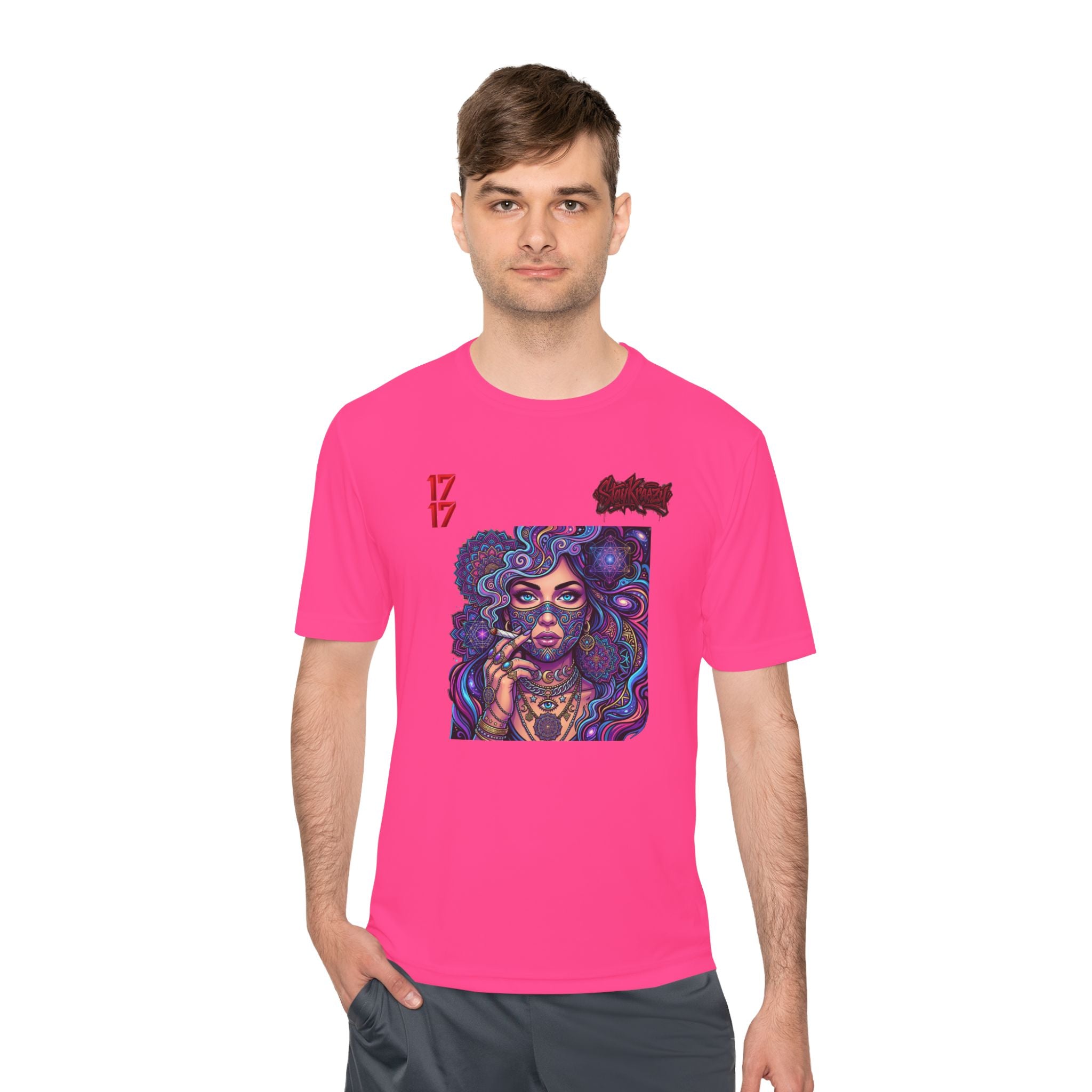 Psychedelic Woman Graphic Tee — Retro Cosmic Portrait Moisture‑Wicking Shirt