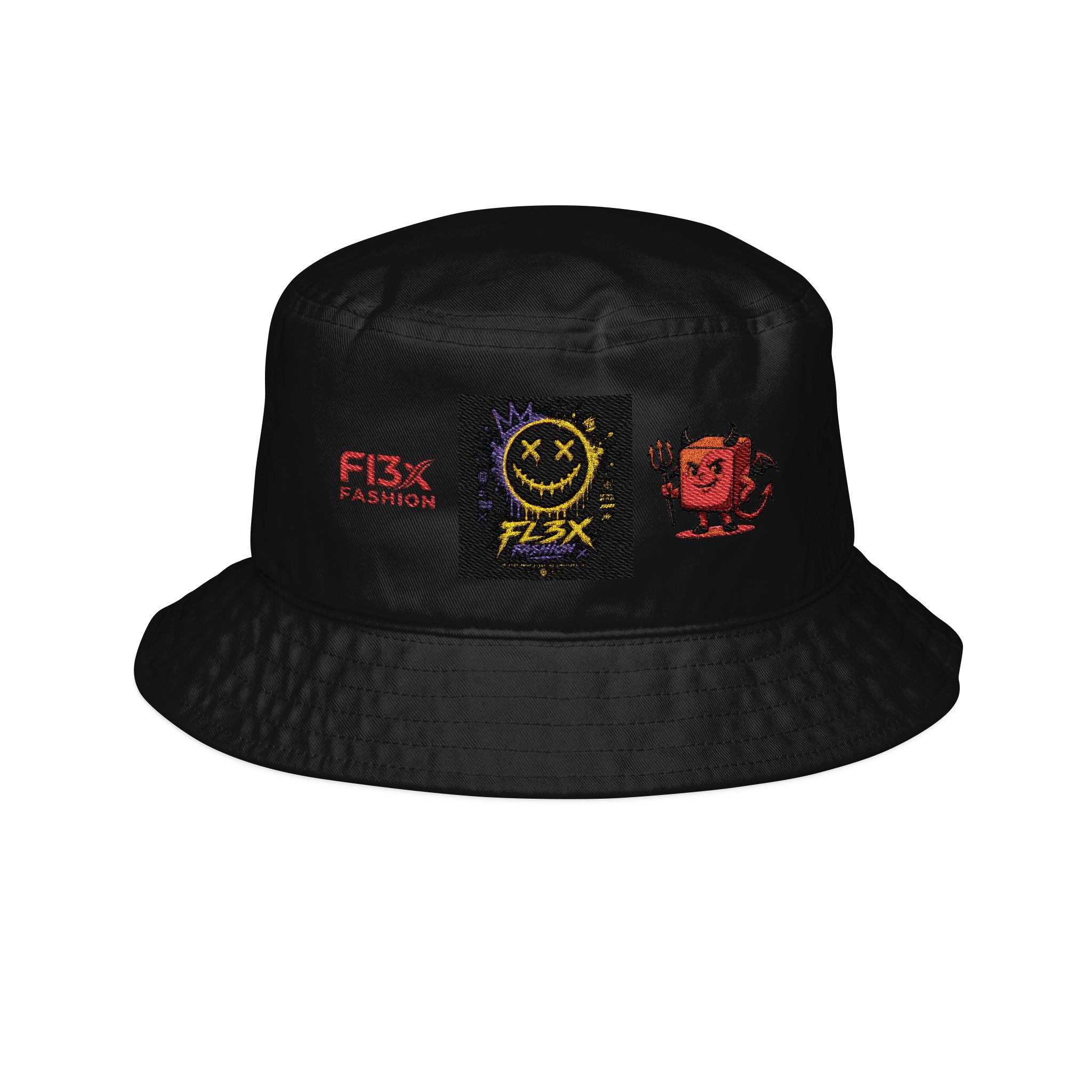 Embroidered Graphic Bucket Hat — Smiley Skull & Devil Icons