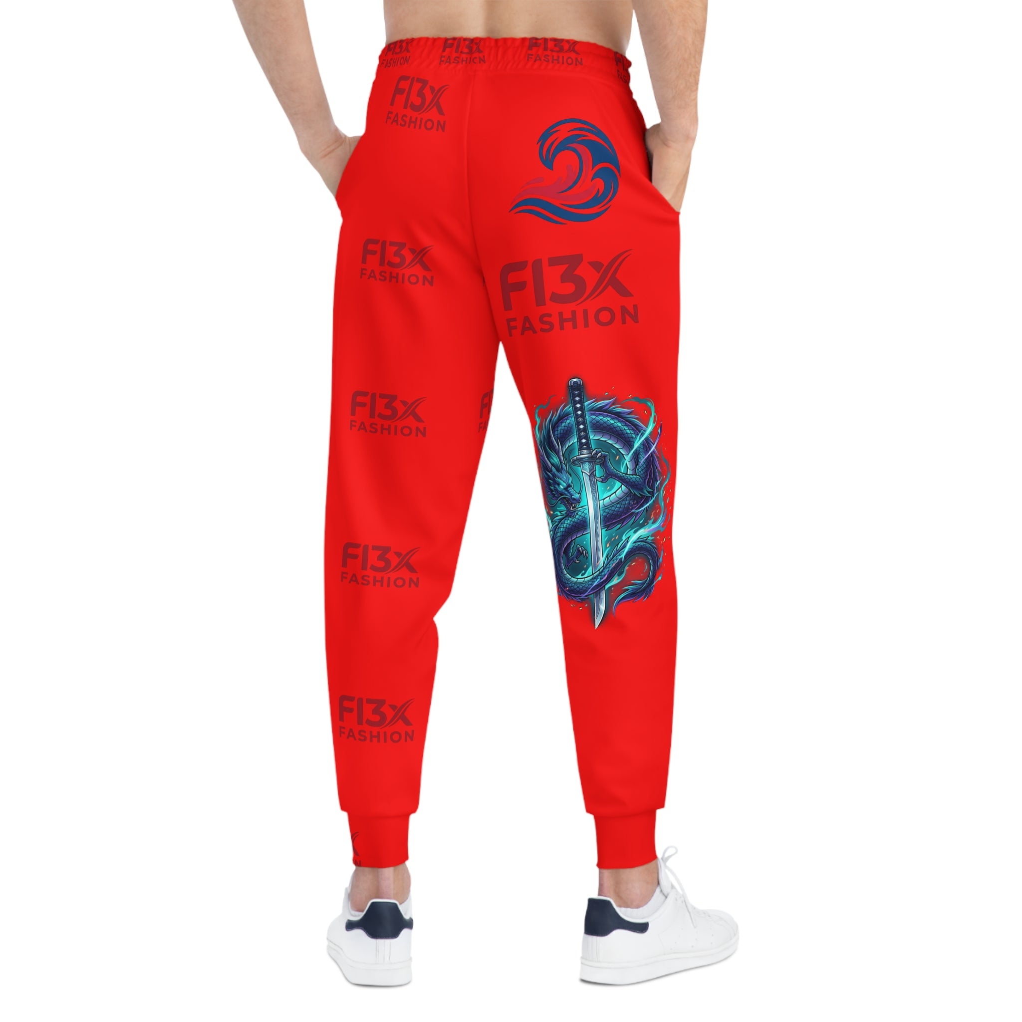 Red Graffiti 'Power' Athletic Joggers — Bold Streetwear Sweatpants with Dragon Sword Graphic