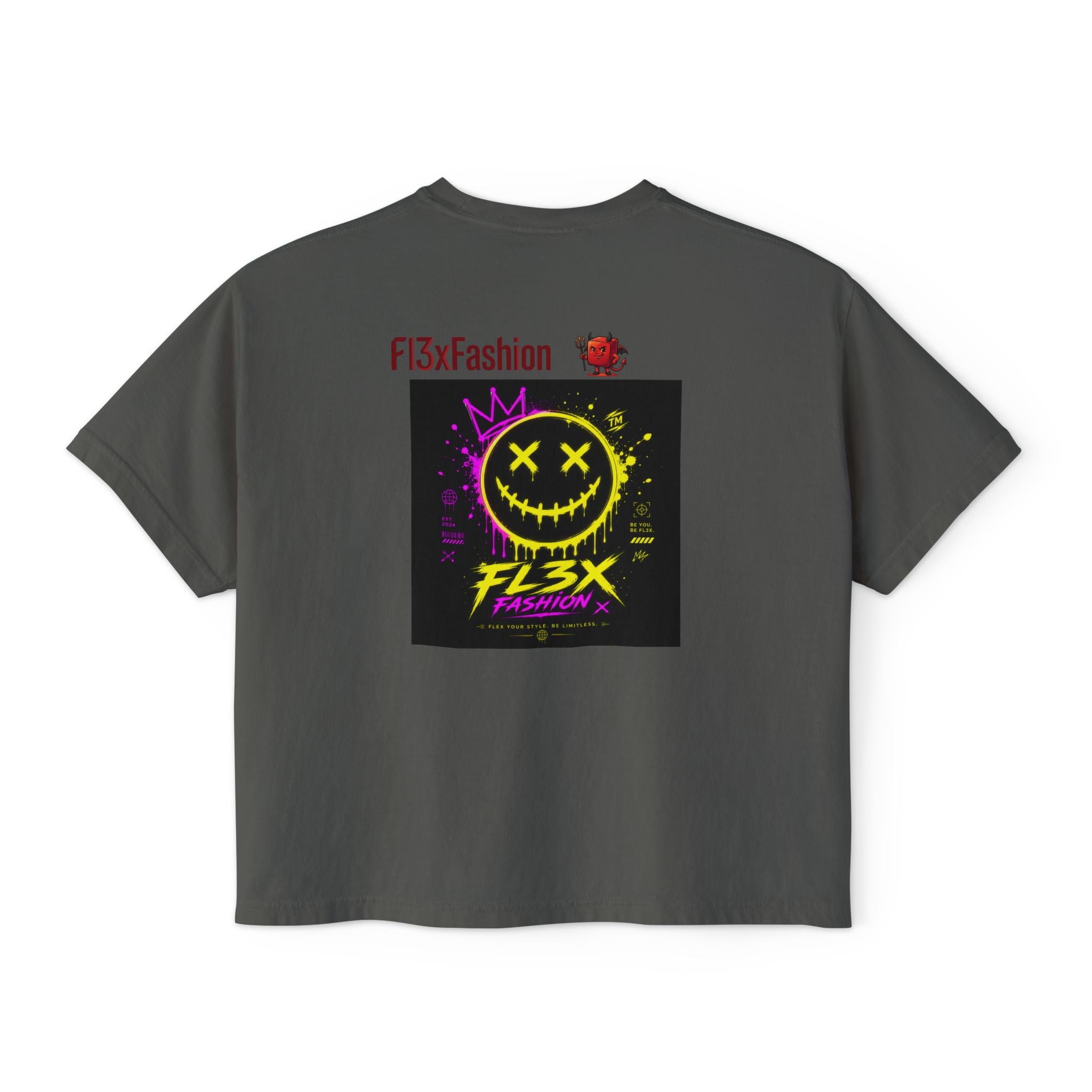 Women's Boxy Tee - Neon Smiley "FL3X" Graphic Streetwear