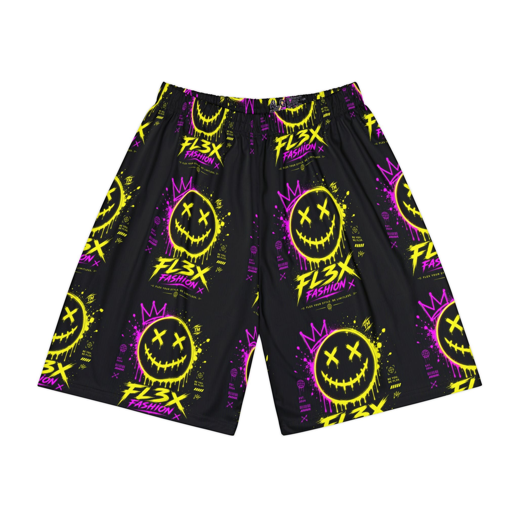 Graphic Sports Shorts — Neon Smiley Streetwear All-Over Print